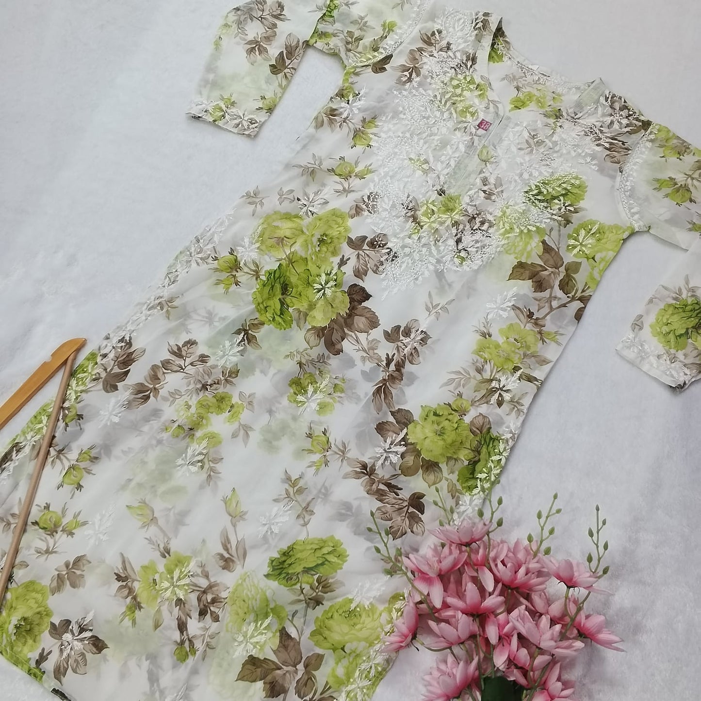 Chikankari Georgette Floral Printed Kurti- Green Colour - Chikankaar