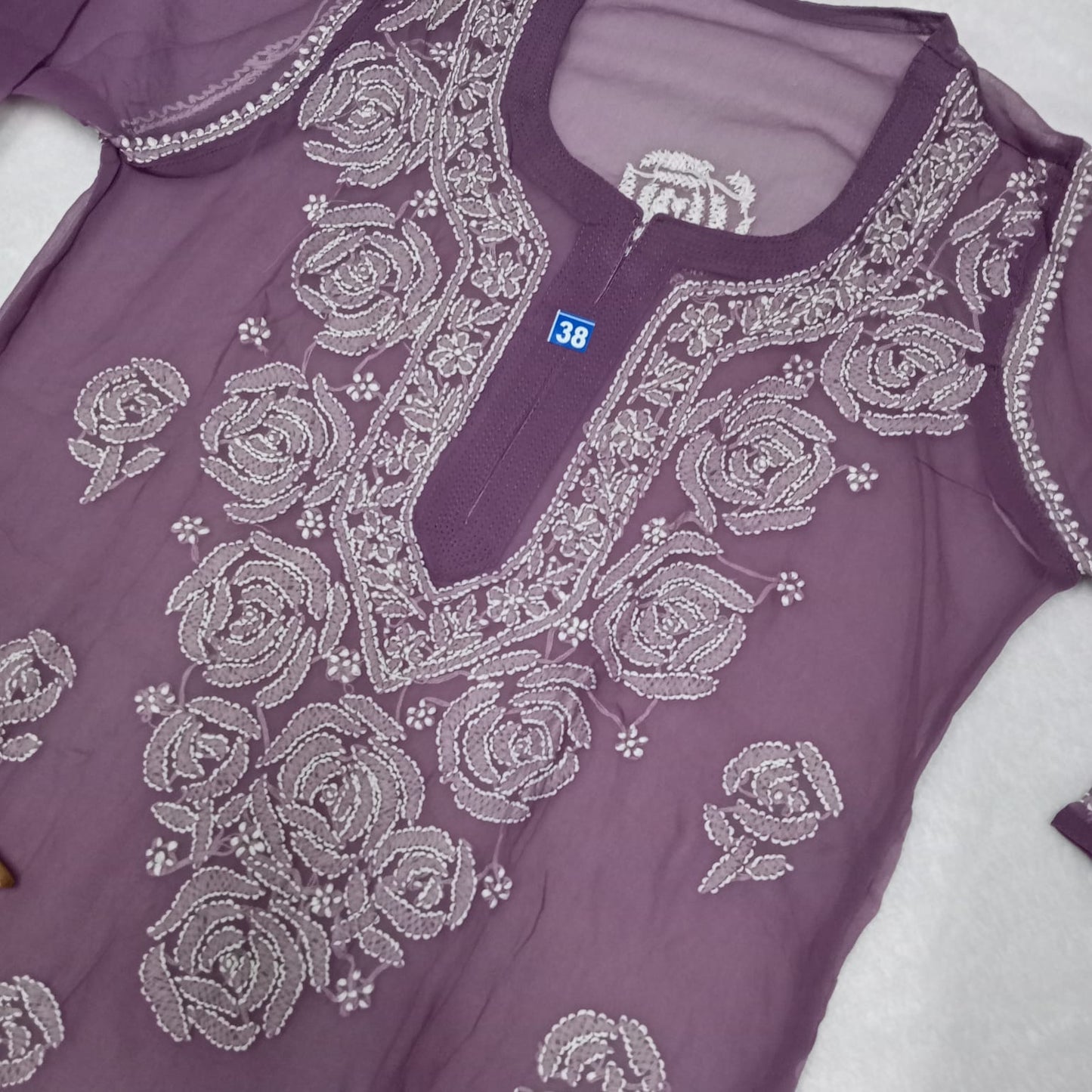 GEORGETTE CHIKANKARI ROSE WORK KURTI WITH PURE COTTON INNER -MAUVE COLOUR - Chikankaar
