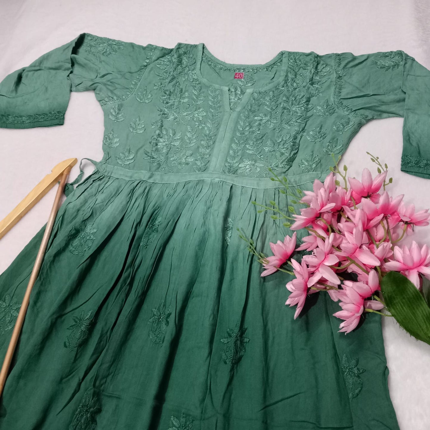 Pure Modal Dual Shaded Chikankari Gown With Dori-dark Green - Chikankaar