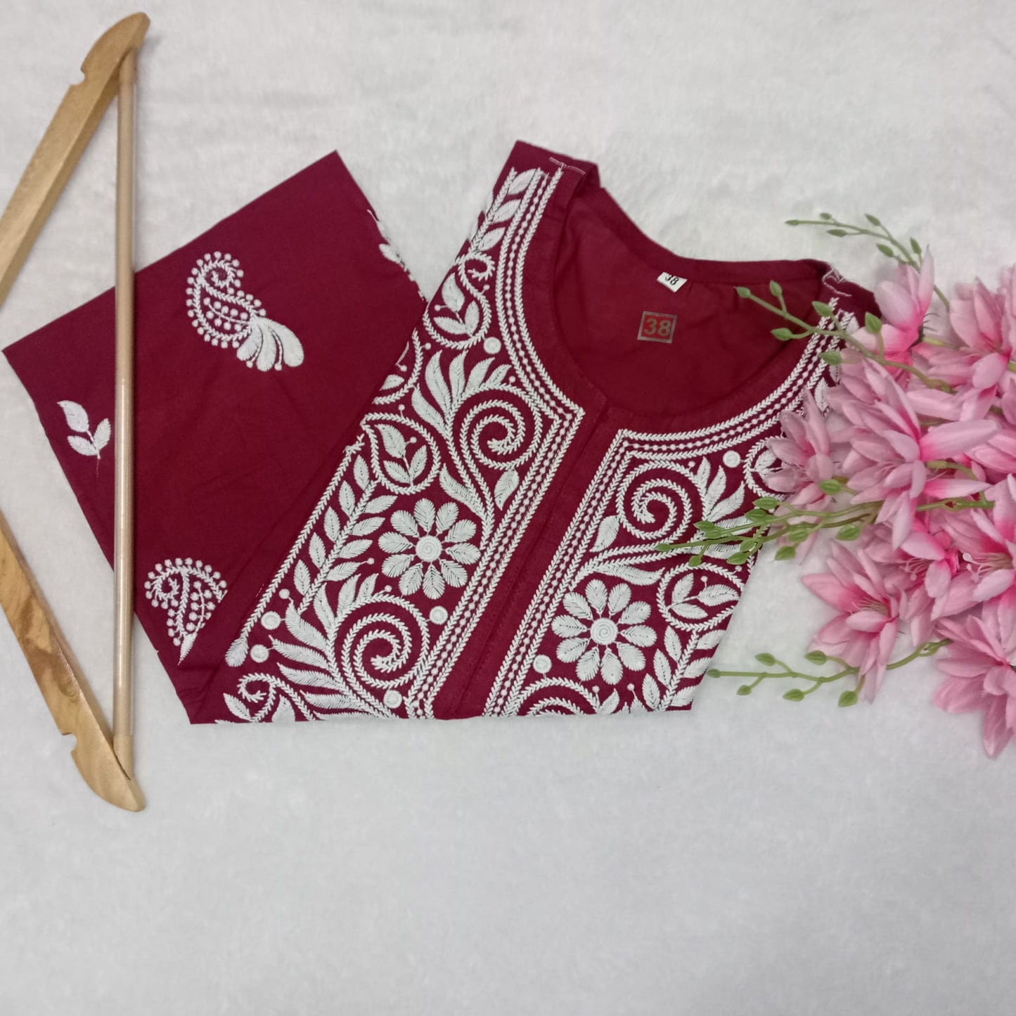 Cotton Machine Work Chikankari Kurti - Maroon Colour - Chikankaar