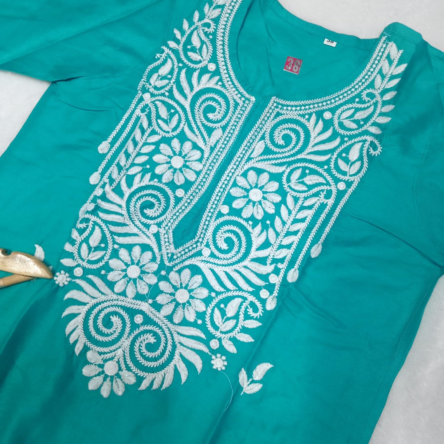 Rayon Chikankari Machine Work Kurti Plazo Set- Sea Green Colour - Chikankaar