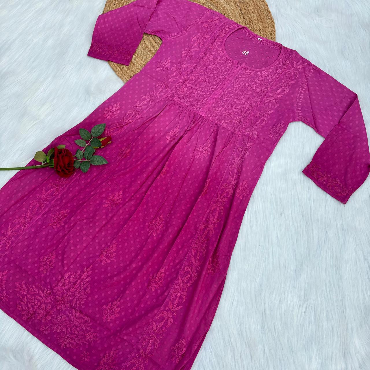 Aliya Dobby Cotton Nyra Cut Chikankari Aline Kurti - Fucshia Colour - Chikankaar