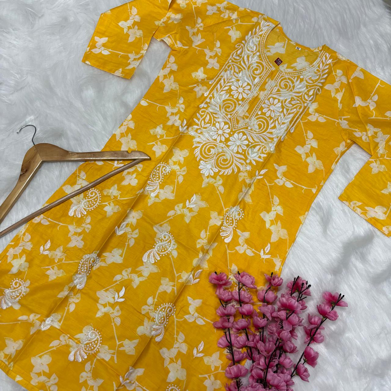 Mulmul Cotton Chikankari Machine Work Kurti - Yellow Colour - Chikankaar