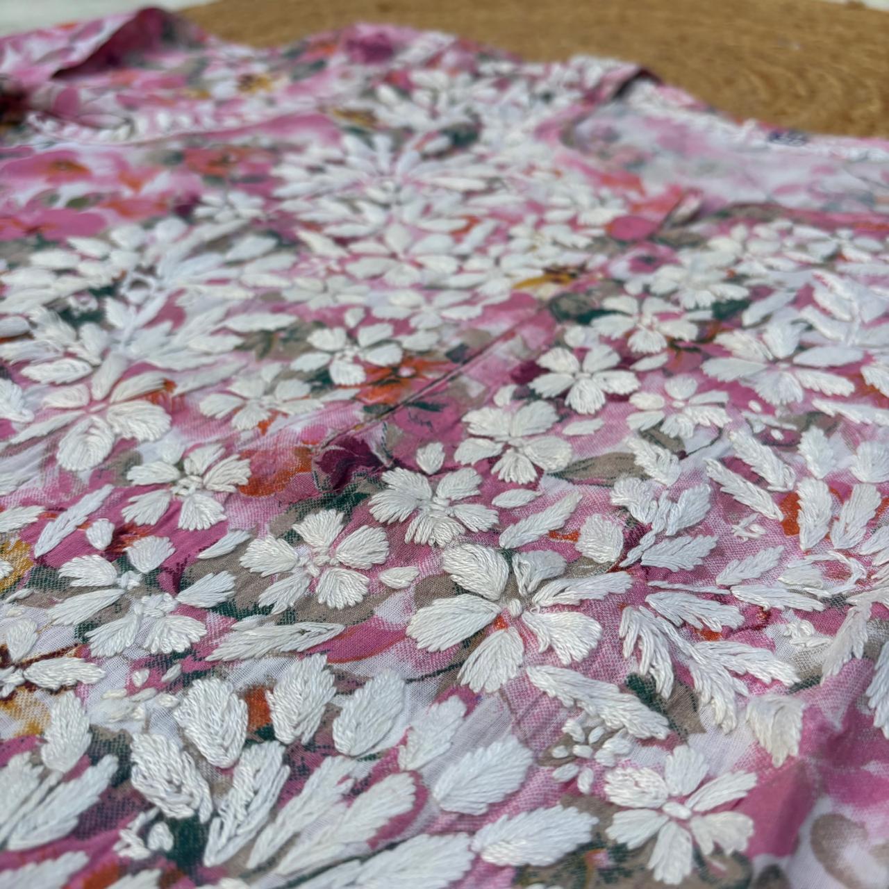 Yasmin Pure Mulmul Chikankari Handwork Kurti - Pink Colour