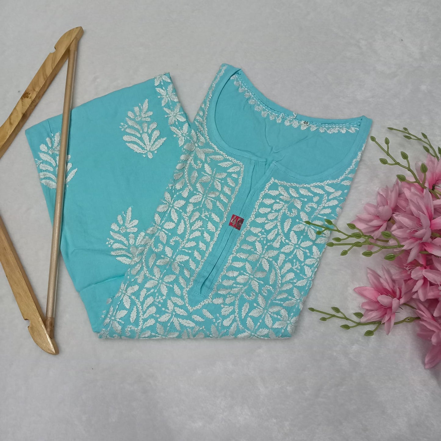 Soft Rayon Heavy Chikankari Panel Work Kurti -Sky Blue Colour - Chikankaar