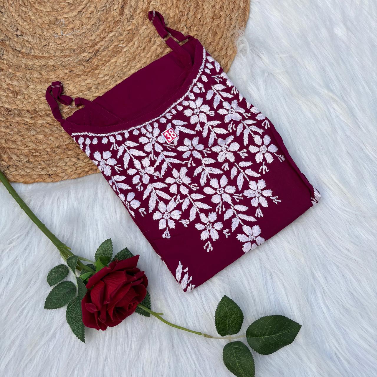 Safa Rayon Chikankari Noodle Strap Short Kurti - Light wine colour (Length - 38")