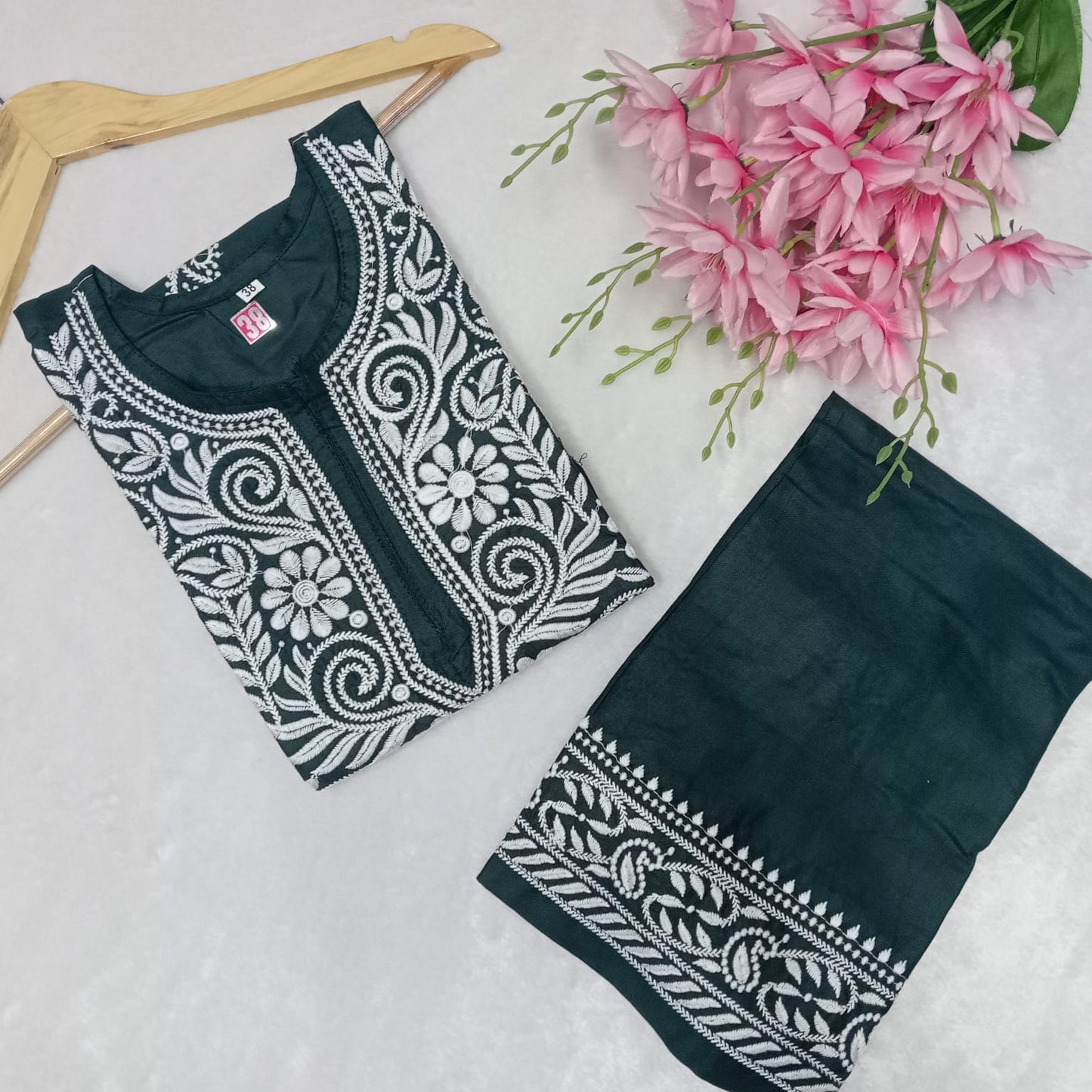 Rayon Chikankari Machine Work Kurti Plazo Set- Dark Green Colour - Chikankaar
