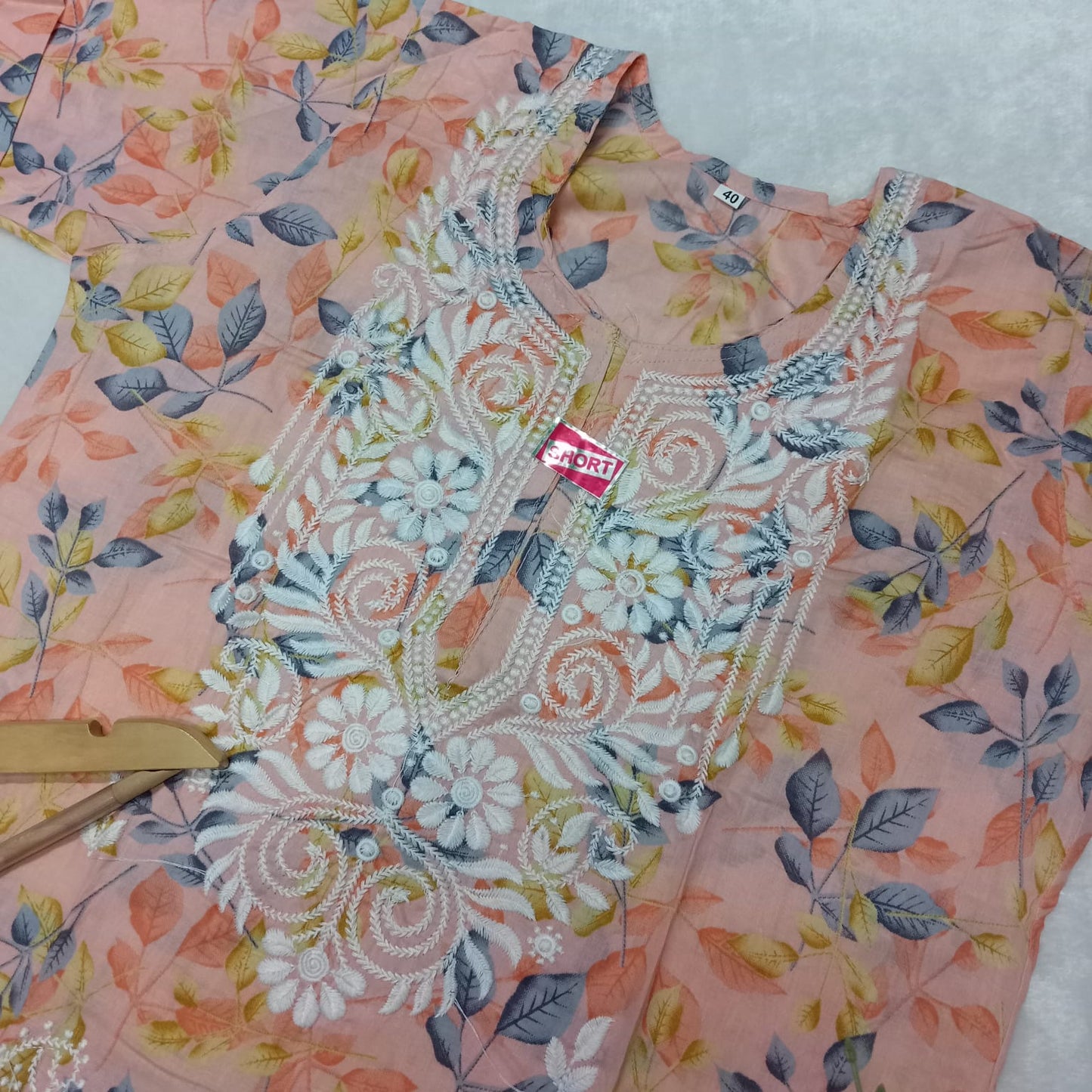 Mulmul Cotton Chikankari Short Kurti - Peach Colour
