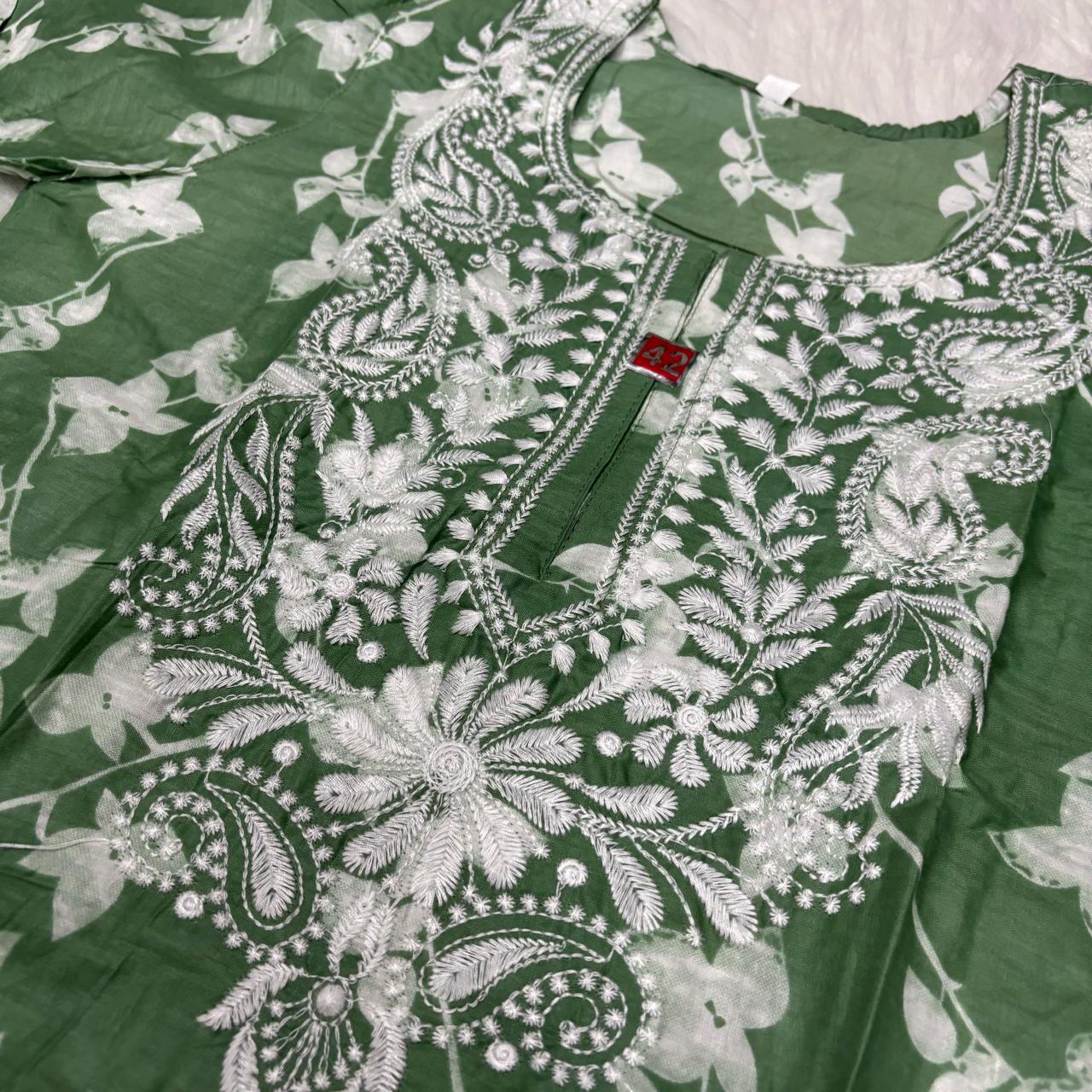 Mulmul Cotton Chikankari Machine Work Kurti -Dark Green Colour - Chikankaar