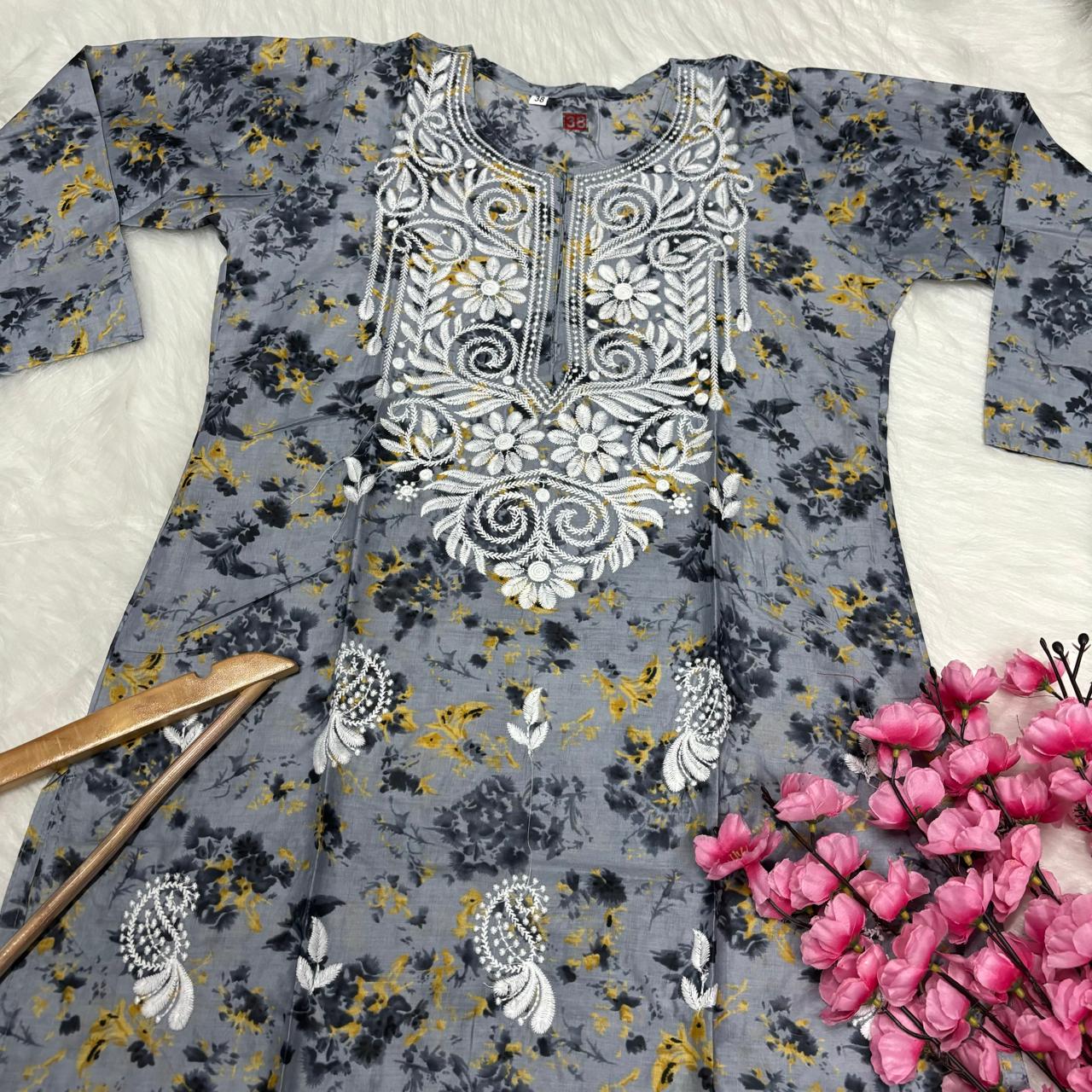 Mulmul Cotton Chikankari Machine Work Kurti - Grey Colour - Chikankaar