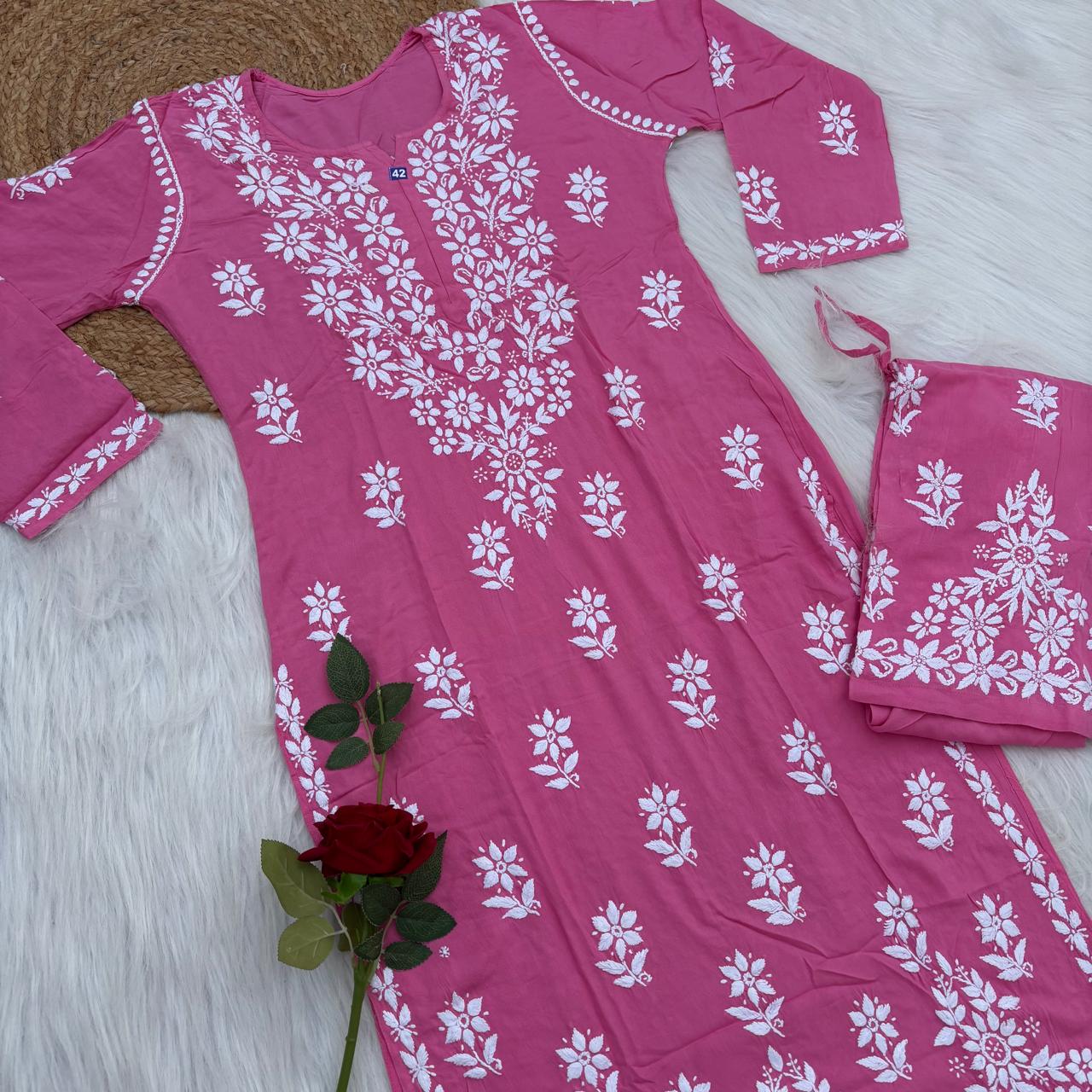 Maya Rayon Chikankari Kurti Plazo Set - Pink Colour