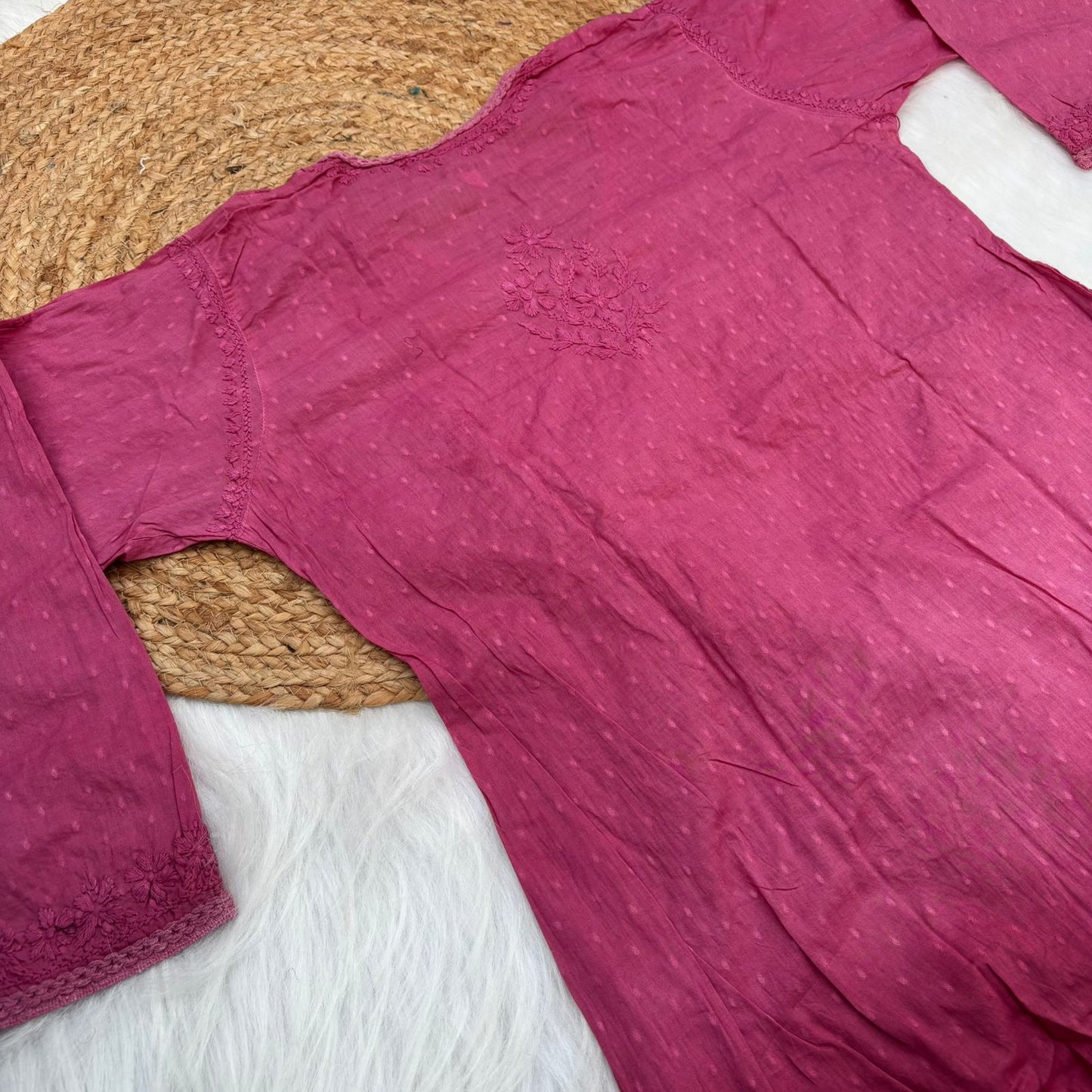 Shazia Ombre Shaded Dobby Cotton Chikankari Angarakha - Magenta Colour