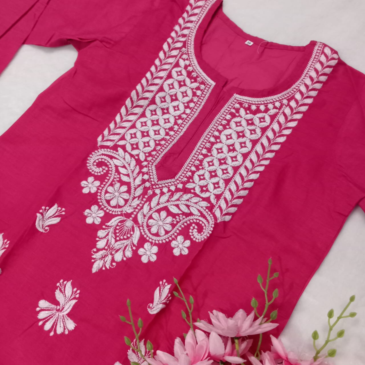 COTTON MACHINE WORK CHIKANKARI KURTI RANI COLOUR - Chikankaar
