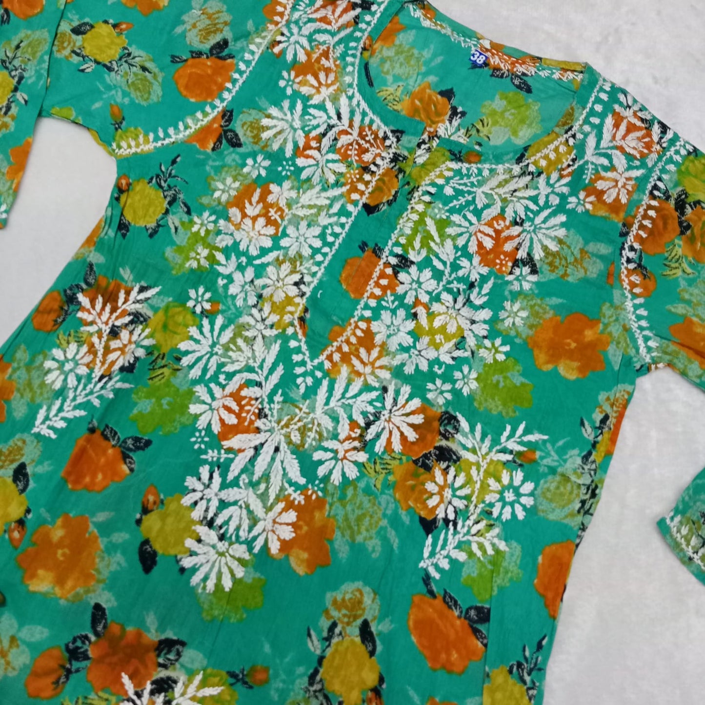 Dhanashree Inspired Mulmul Floral Printed Chikankari Handwork Kurti - Sea Green Colour - Chikankaar