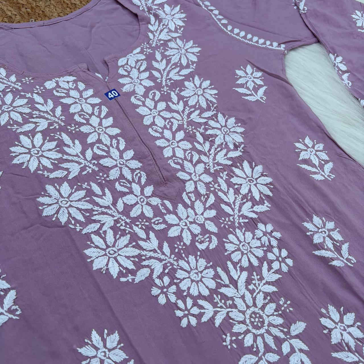 Maya Rayon Chikankari Kurti Plazo Set - Lavender Colour