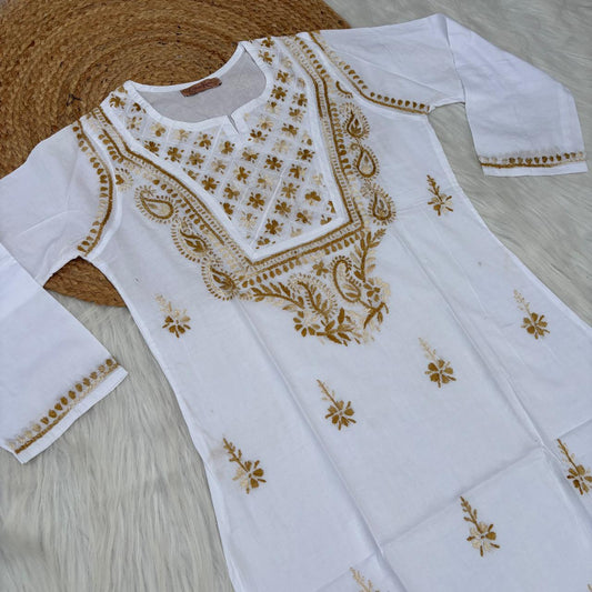 Zoya Cotton Lucknowi Chikankari Kurti - Mustard Color