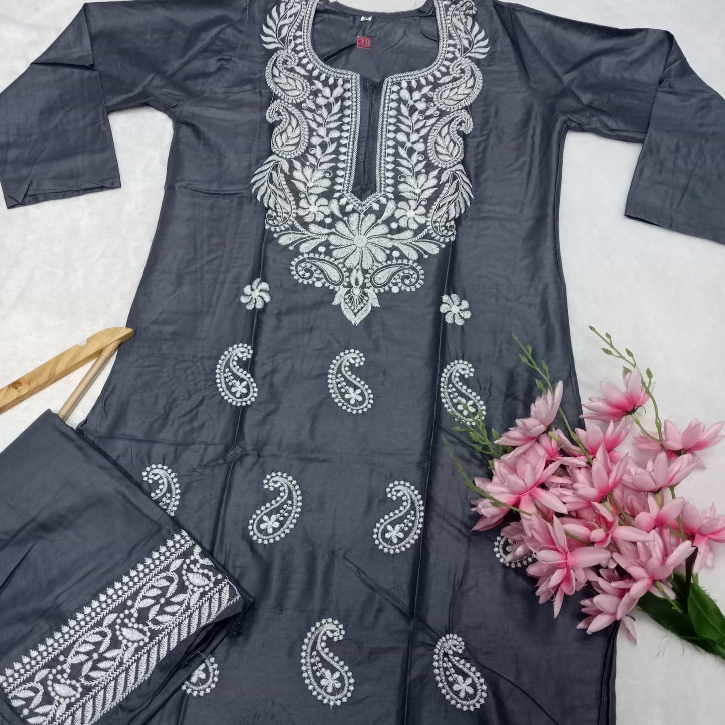 Rayon Chikankari Machine Work Kurti Plazo Set- Grey Colour - Chikankaar