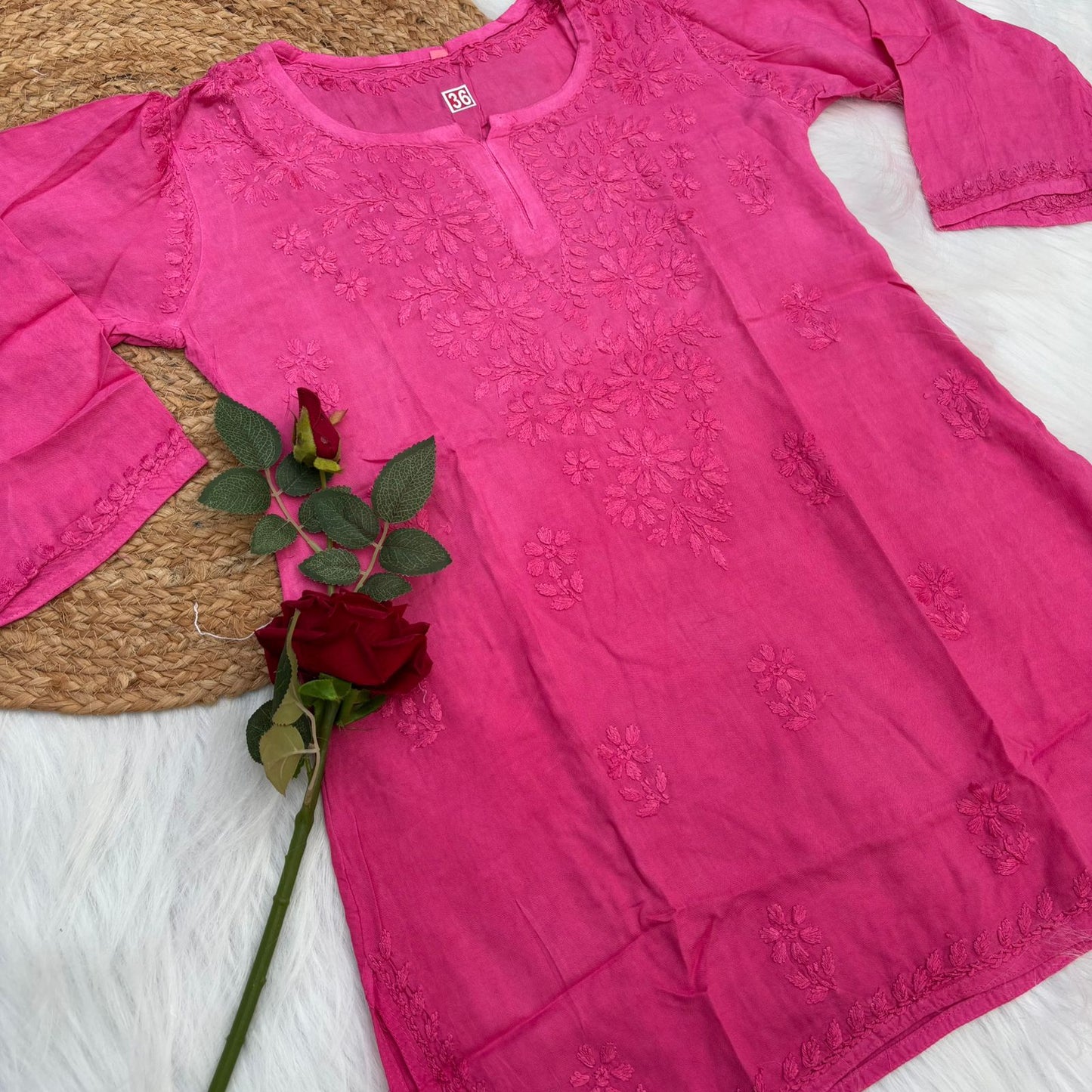 Sofia Ombre Shaded Soft Rayon Chikankari Short Kurti - Dark Pink Colour - Chikankaar
