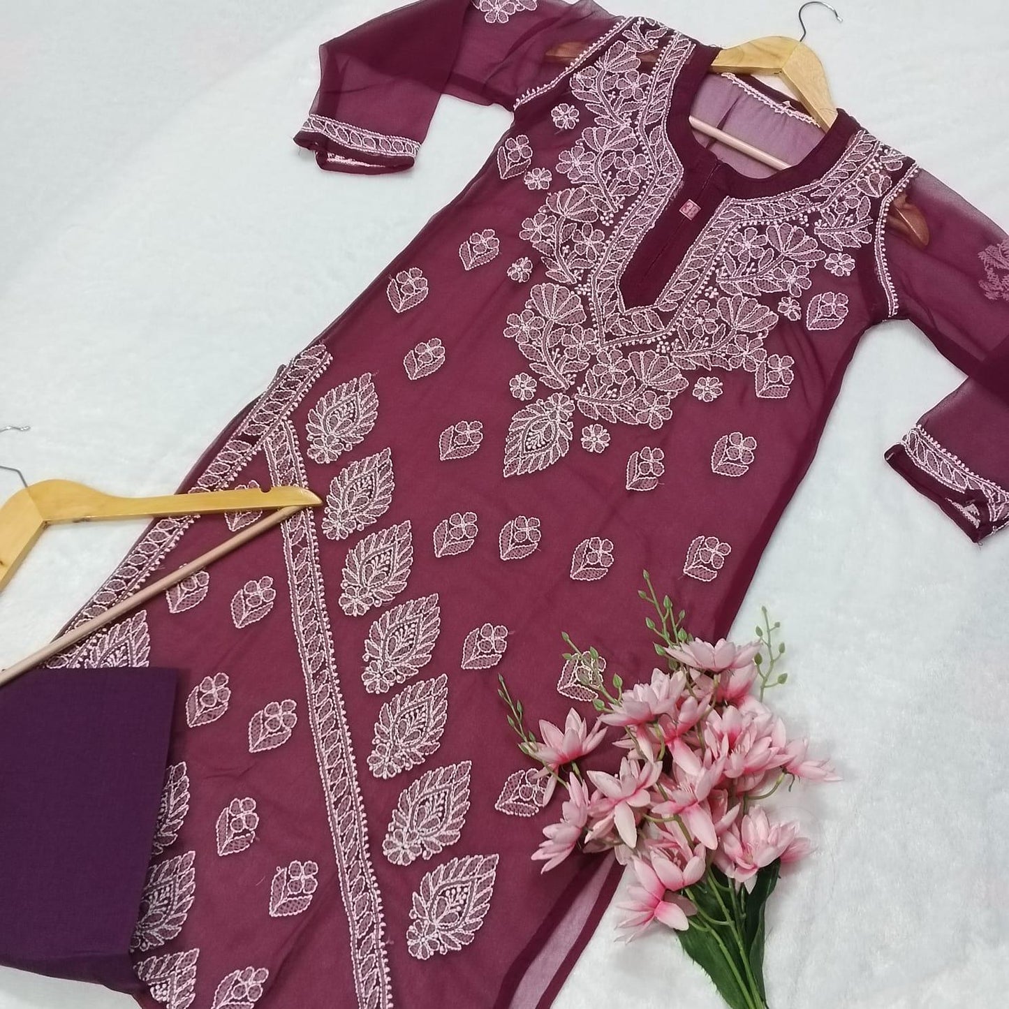 Graceful Georgette Chikankari Cross Panel Kurti With Inner - Wine Colour - Chikankaar