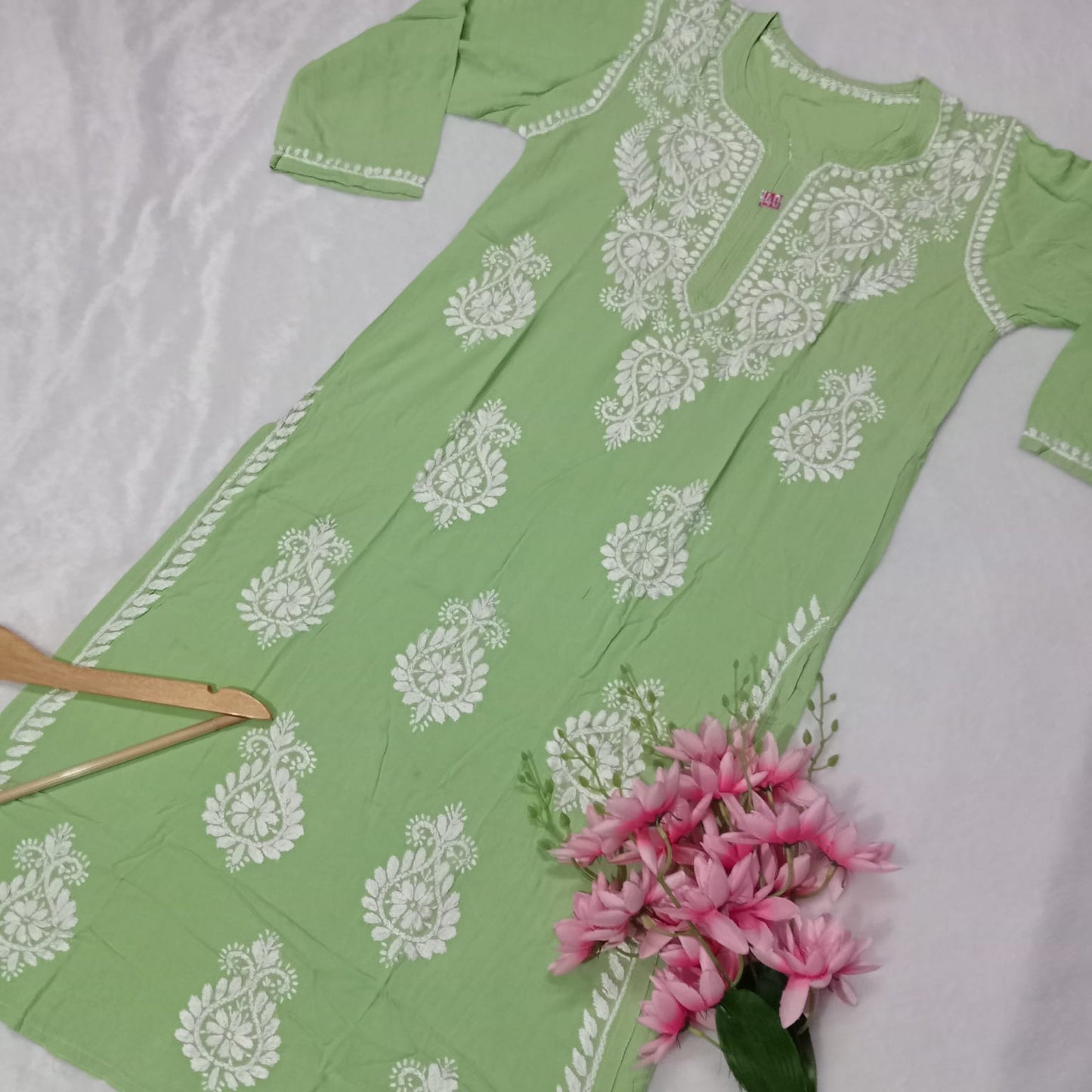 Pure Rayon Chikankari Kurti - Pista Green Colour - Chikankaar
