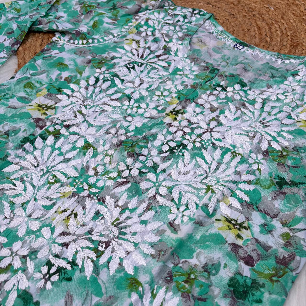 Yasmin Pure Mulmul Chikankari Handwork Kurti - Sea Green Colour