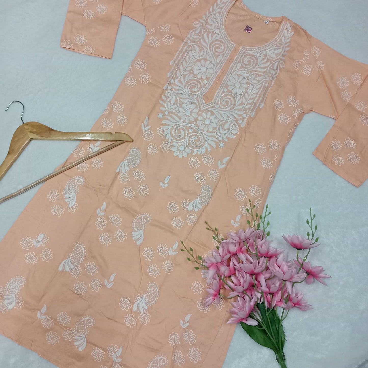 Rayon Chikankari Machine Work Kurti-Peach Colour - Chikankaar