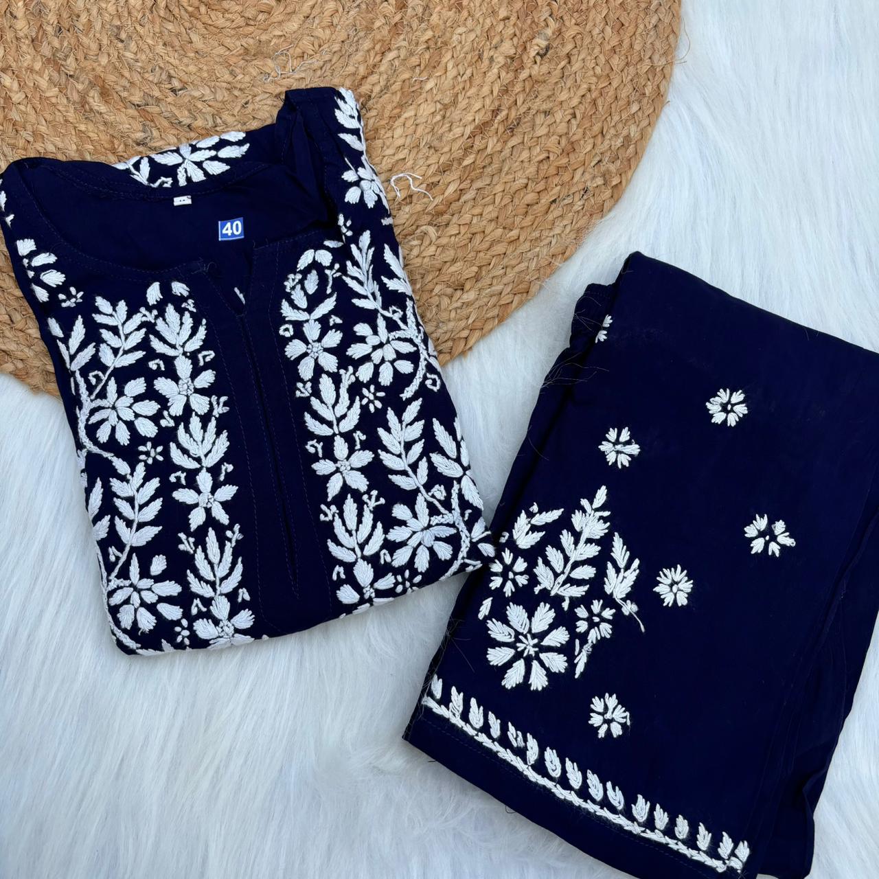 Jannat Soft Rayon Chikankari Kurti Plazo Set - Navy Blue colour - Chikankaar
