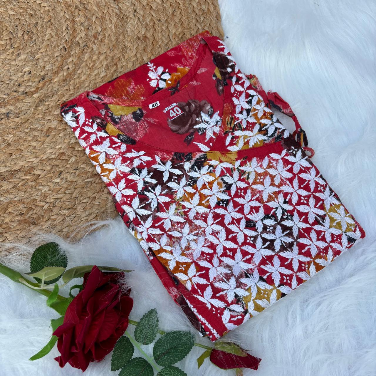 Masooma Mulmul Floral Printed Chikankari Handwork Kurti - Red Colour - Chikankaar