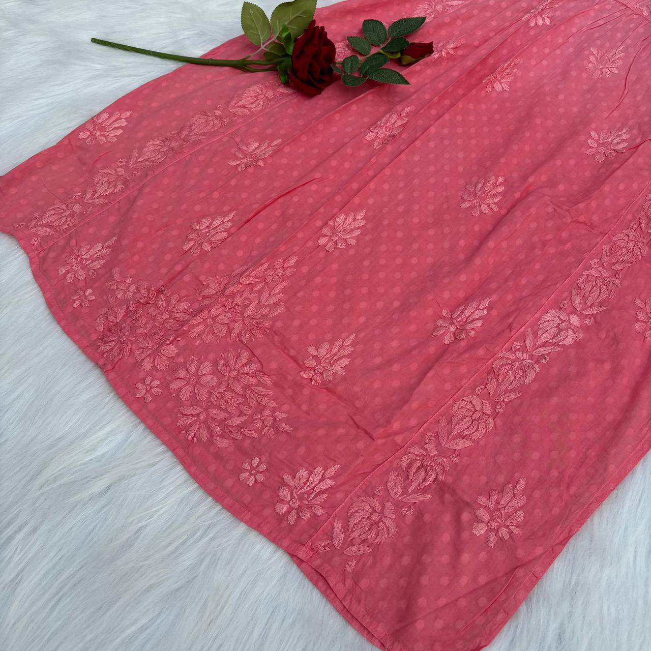 Aliya Dobby Cotton Nyra Cut Chikankari Aline Kurti - Peach Colour - Chikankaar
