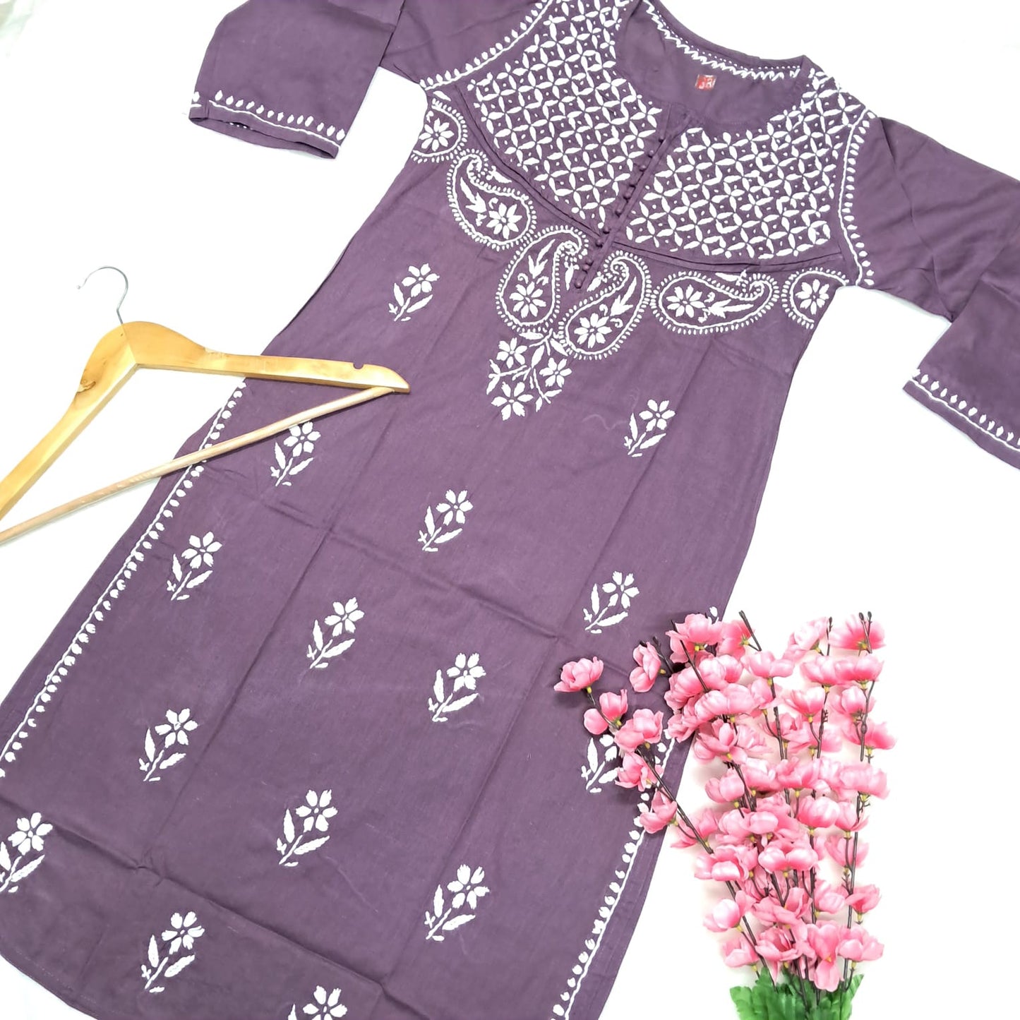 Adiva Pure Cotton Chikankari Handwork Kurti - Wine Colour - Chikankaar