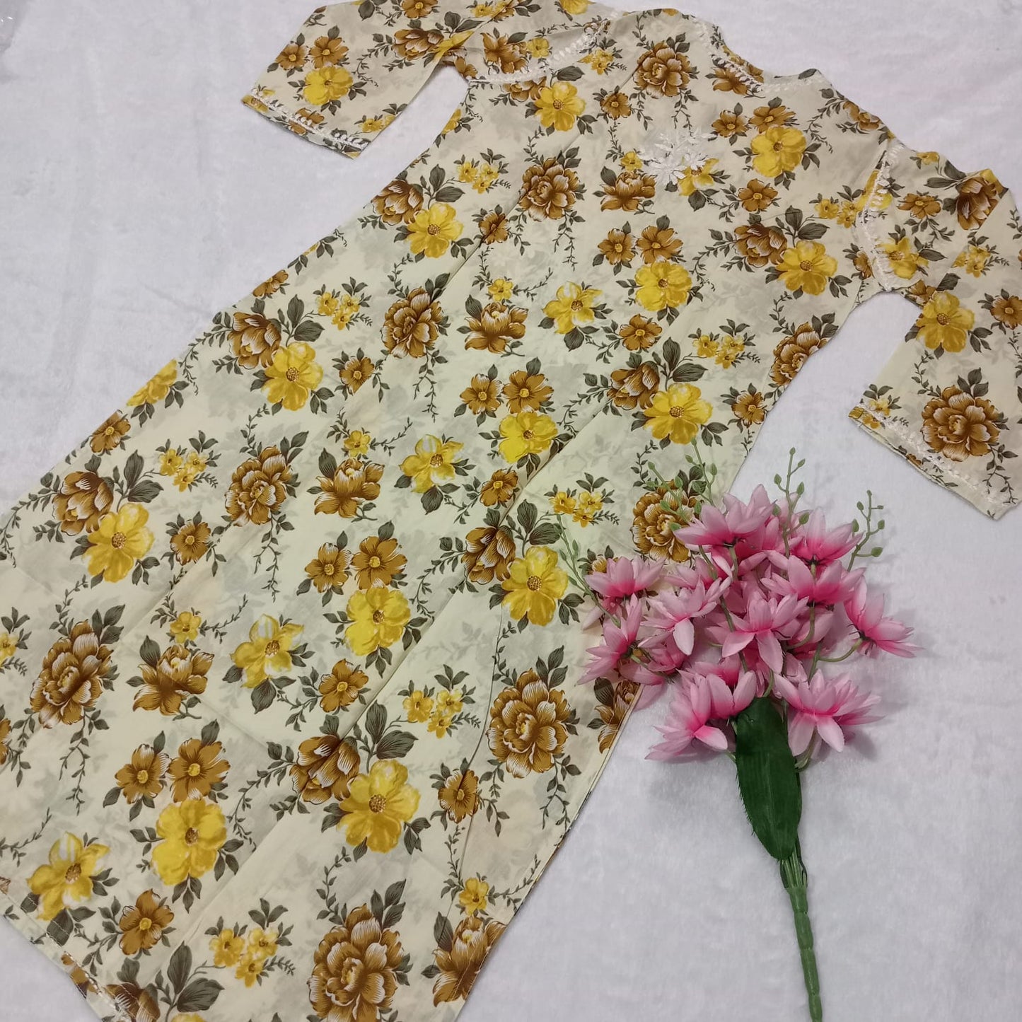 PURE MULMUL COTTON CHIKANKARI KURTI WITH FLORAL PRINT -YELLOW COLOUR - Chikankaar