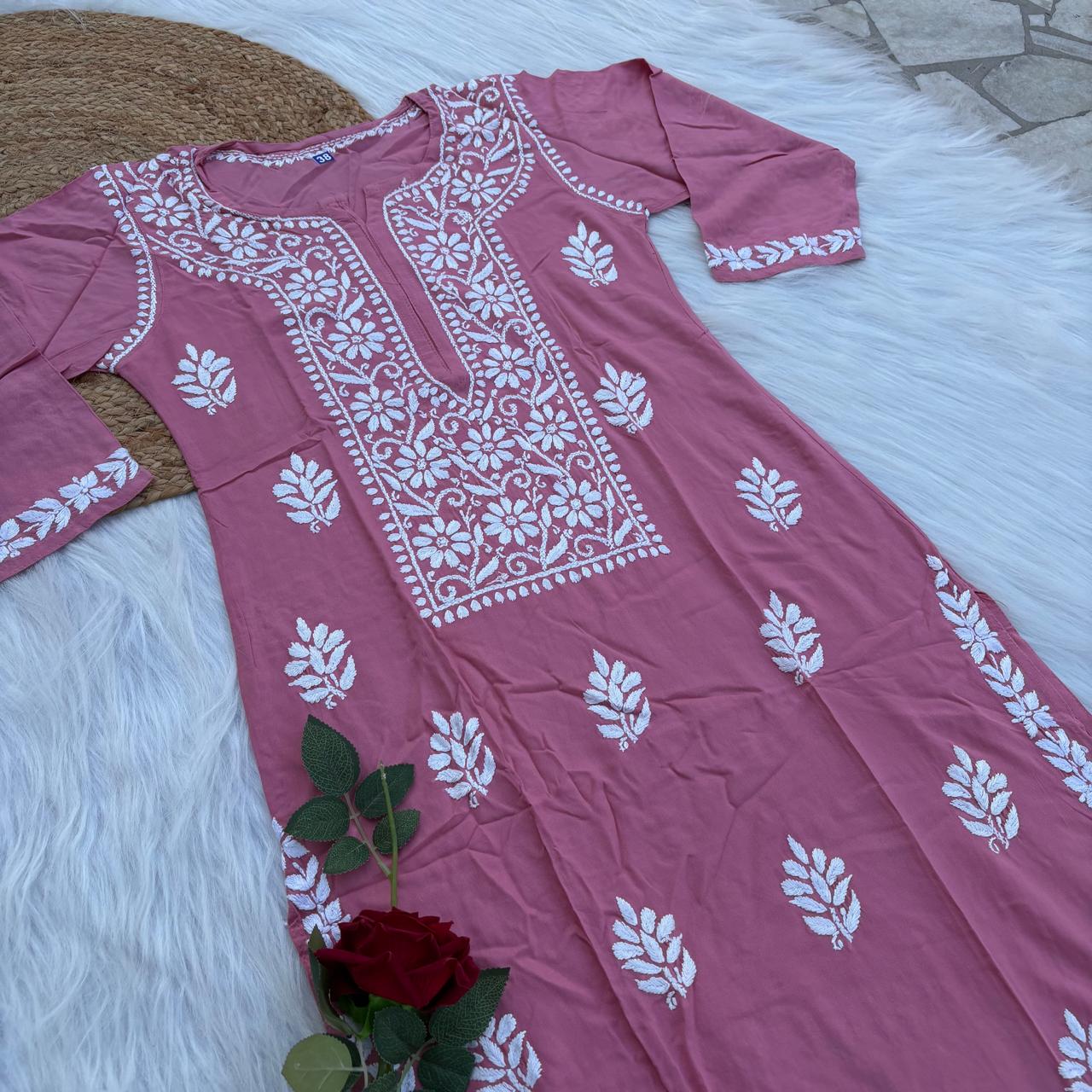 Soft Rayon Chikankari Kurti - Blush Colour