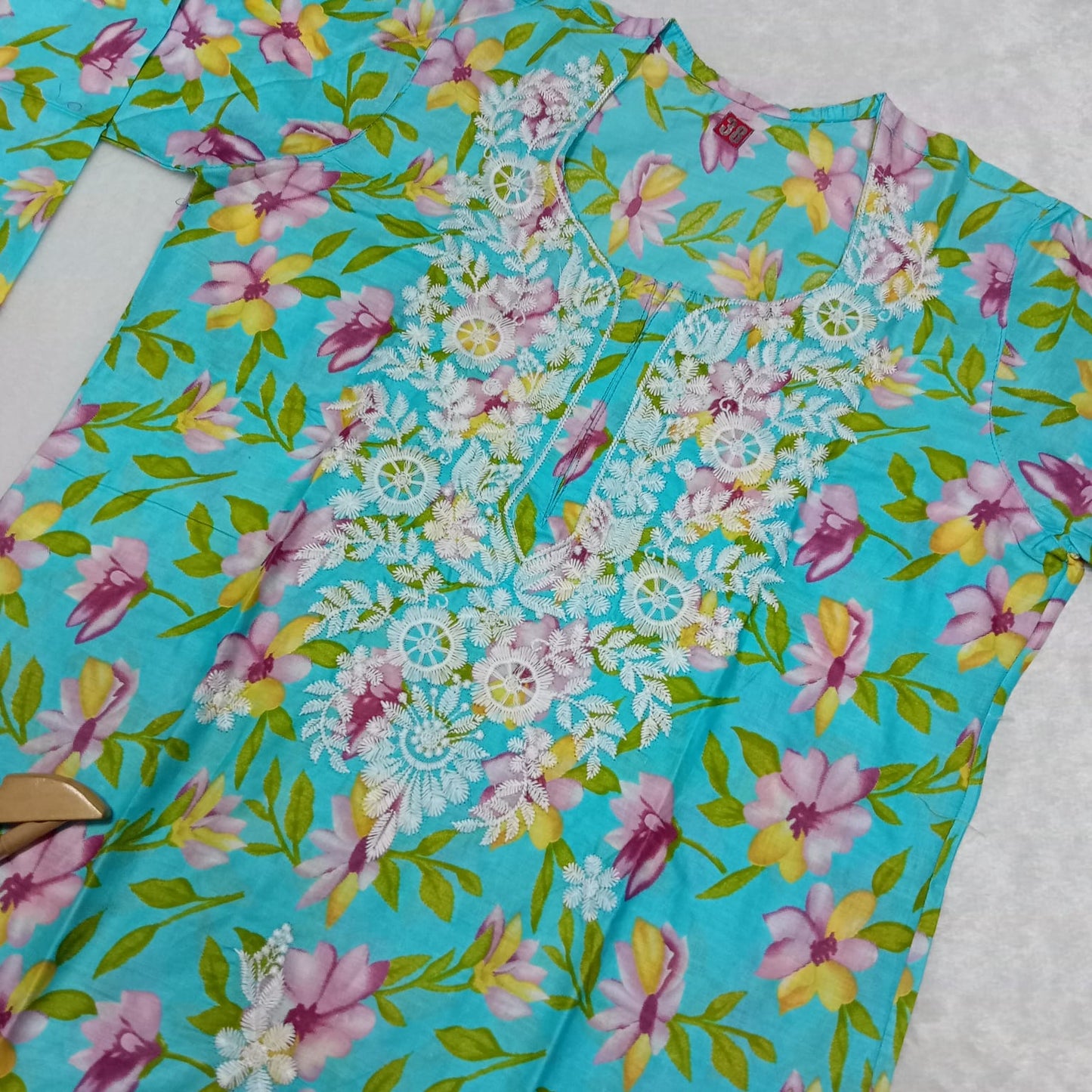 Mulmul Cotton Chikankari Machine Work Kurti -Blue Colour - Chikankaar