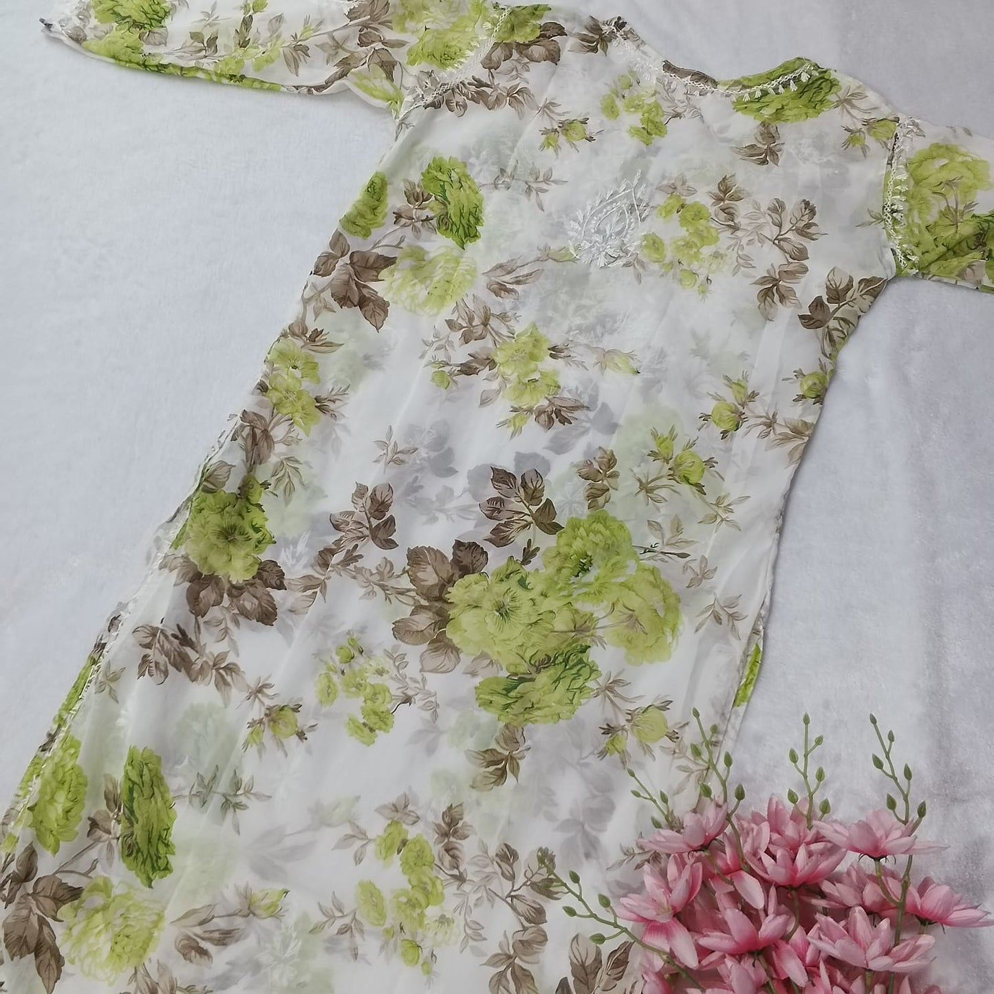 Chikankari Georgette Floral Printed Kurti- Green Colour - Chikankaar