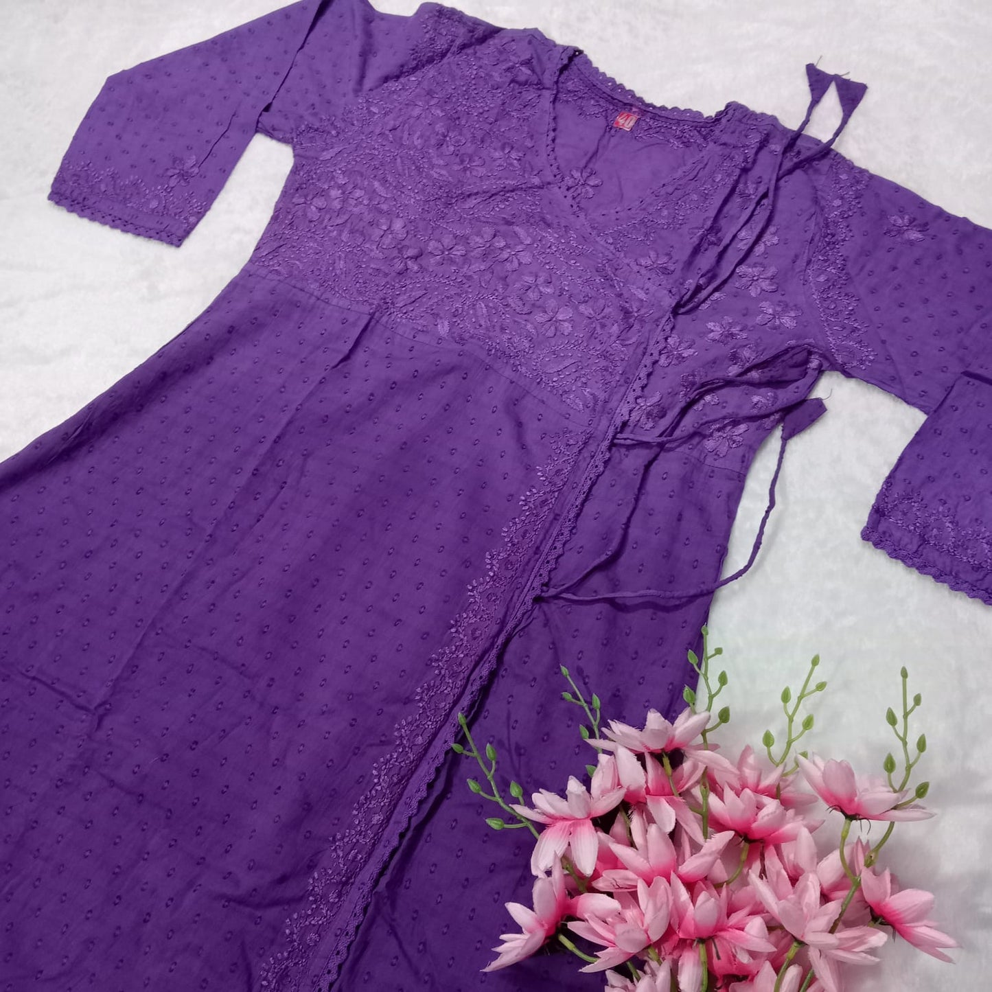 Ombre Shaded Dobby Cotton Chikankari Angarakha - Violet Colour - Chikankaar