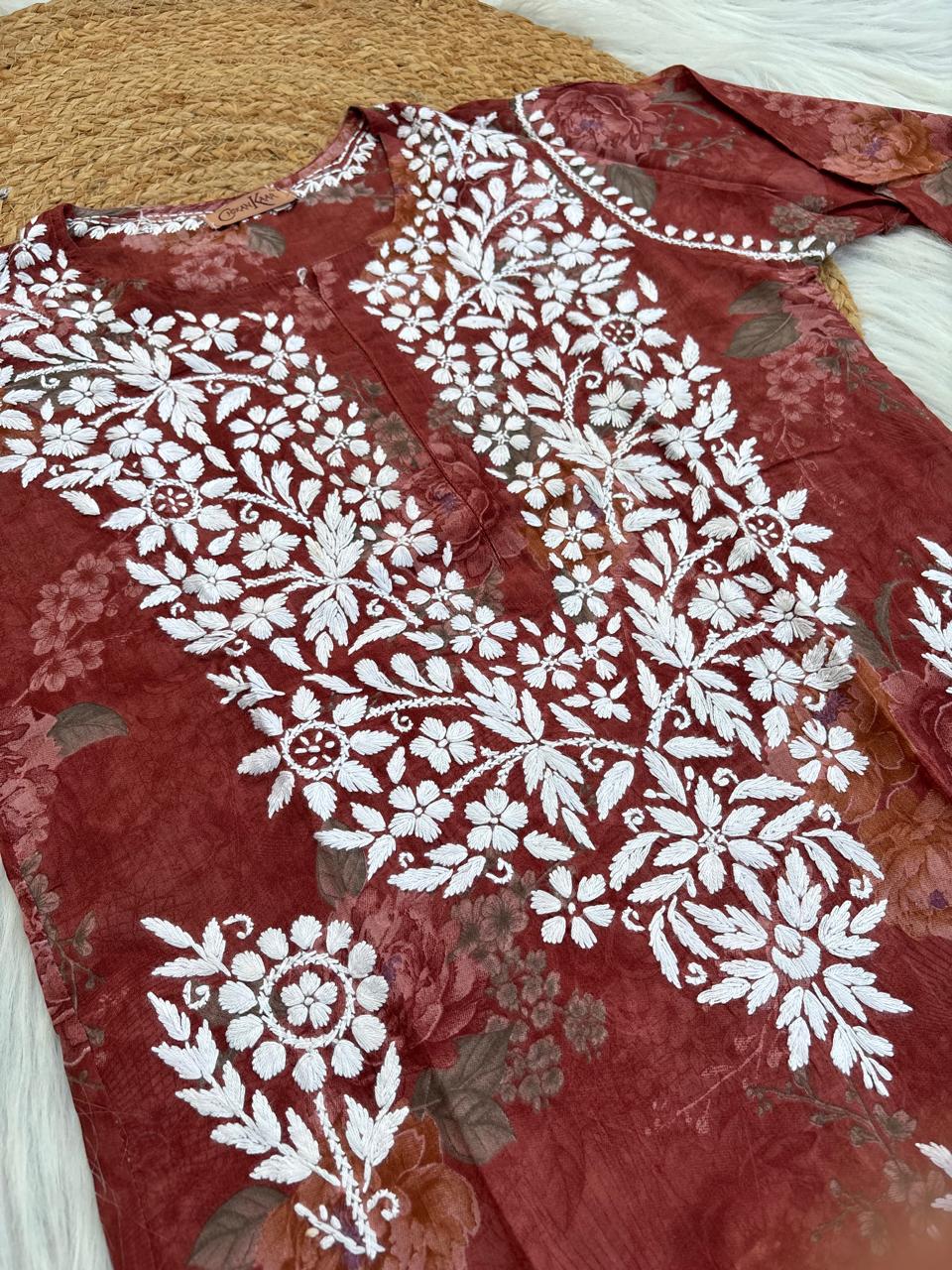 Zaina Pure Mulmul Chikankari Handwork Kurti - Brick Red Colour