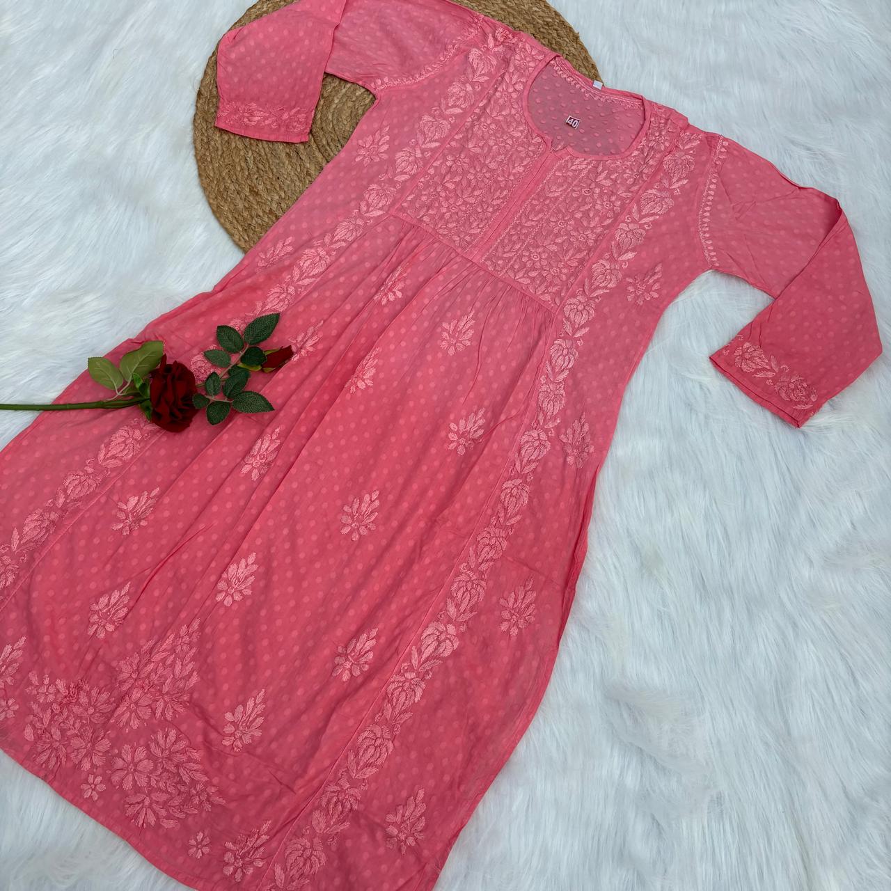 Aliya Dobby Cotton Nyra Cut Chikankari Aline Kurti - Peach Colour - Chikankaar