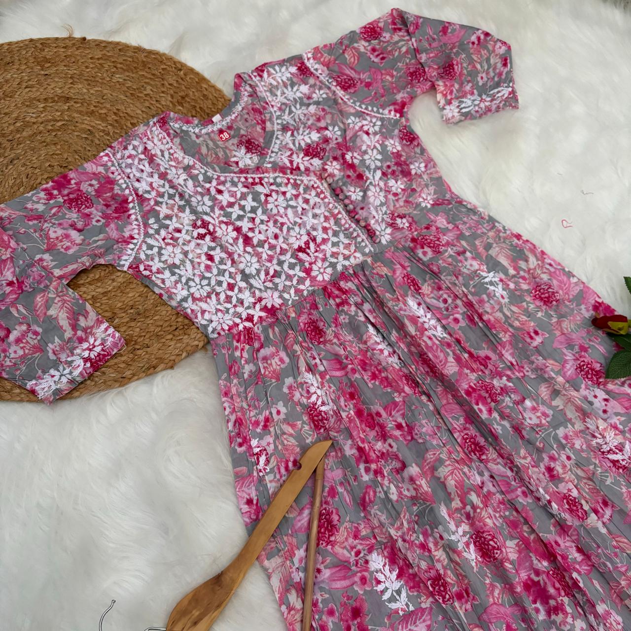 Zainab Pure Mulmul Cotton Gown - Pink Colour - Chikankaar