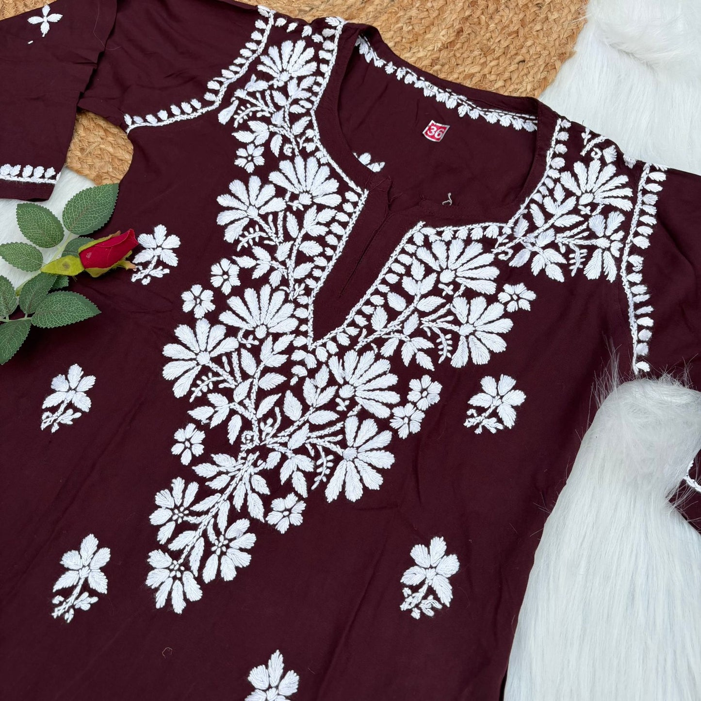Ina Soft Rayon Chikankari Short Kurti - Brown Colour - Chikankaar