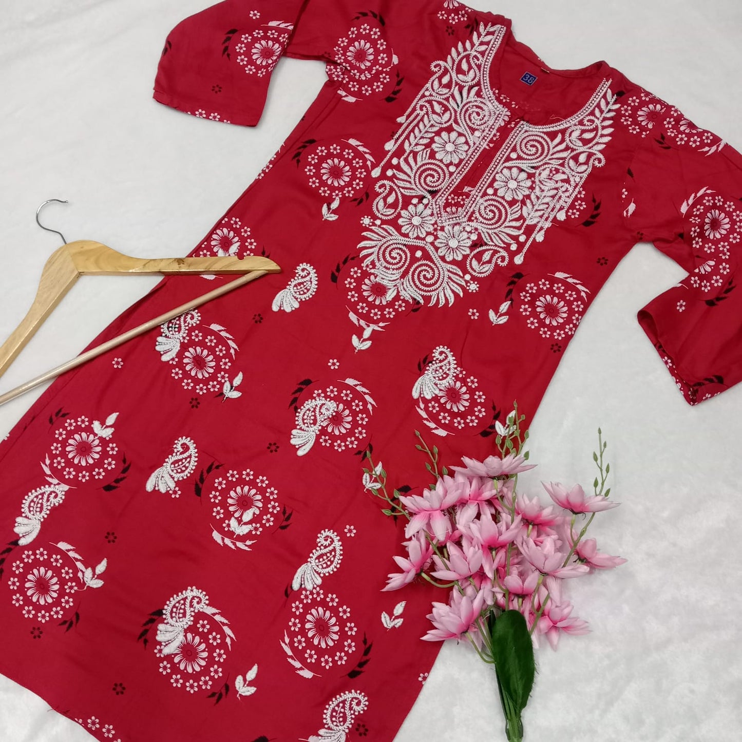 Rayon Chikankari Machine Work Kurti -Red Color - Chikankaar