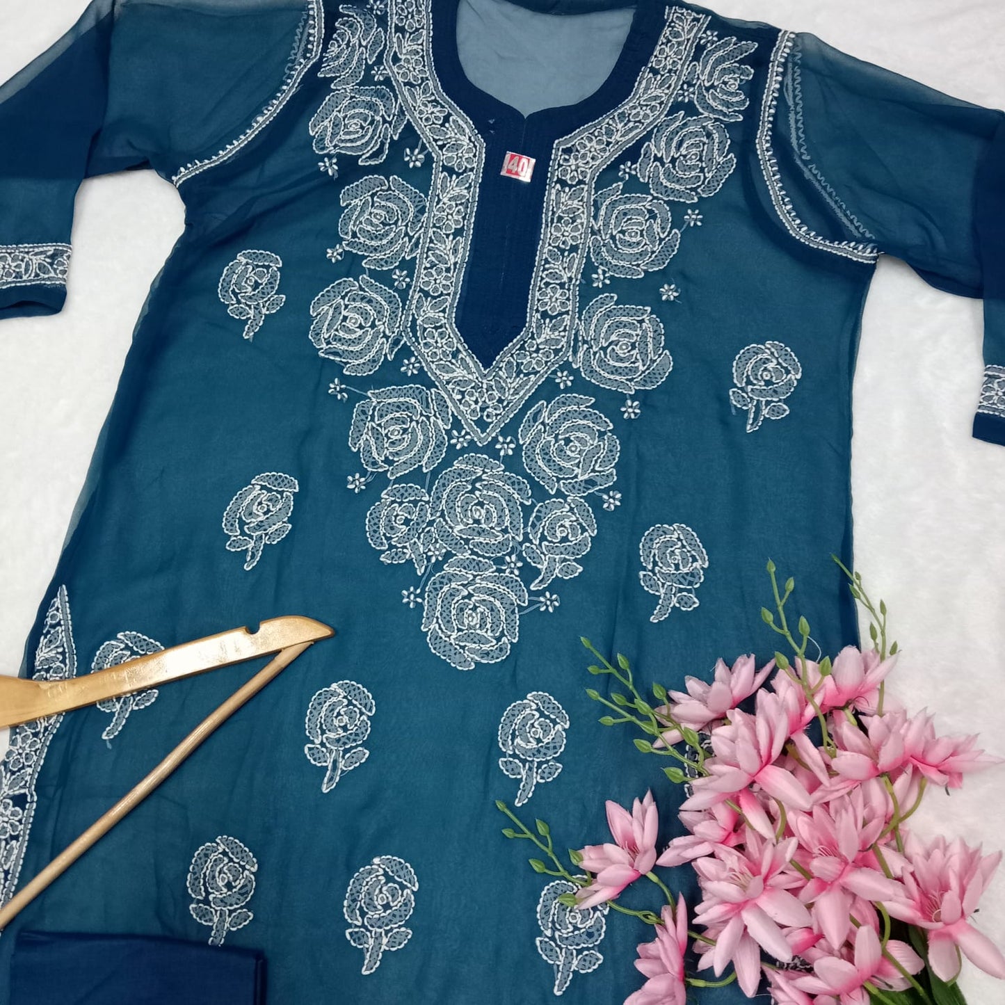 Georgette Chikankari Rose Work Kurti With Pure Cotton Inner -T Blue Colour - Chikankaar