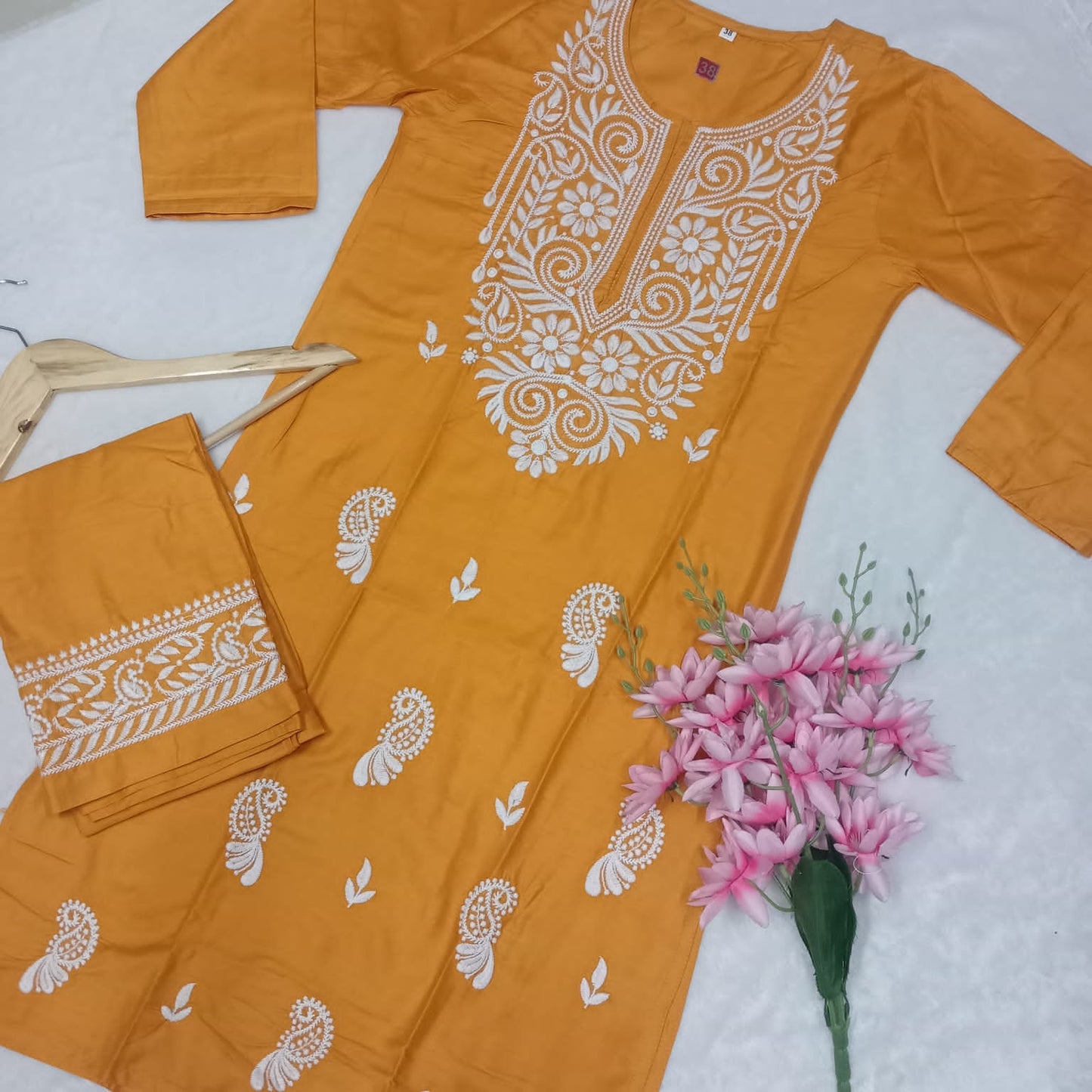 RAYON CHIKANKARI MACHINE WORK KURTI PLAZO SET- MUSTARD COLOUR - Chikankaar