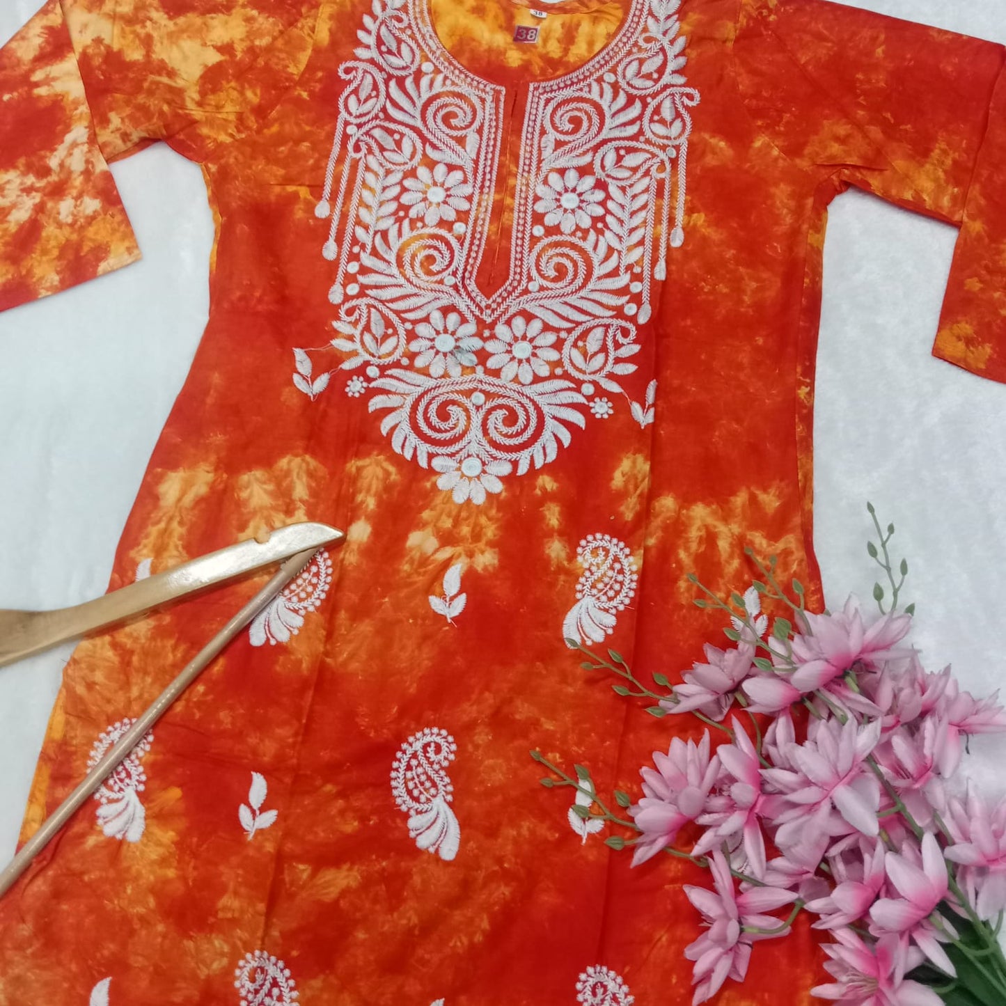 Rayon Tie & Dye Chikankari Machine Work Kurti- Orange Colour - Chikankaar