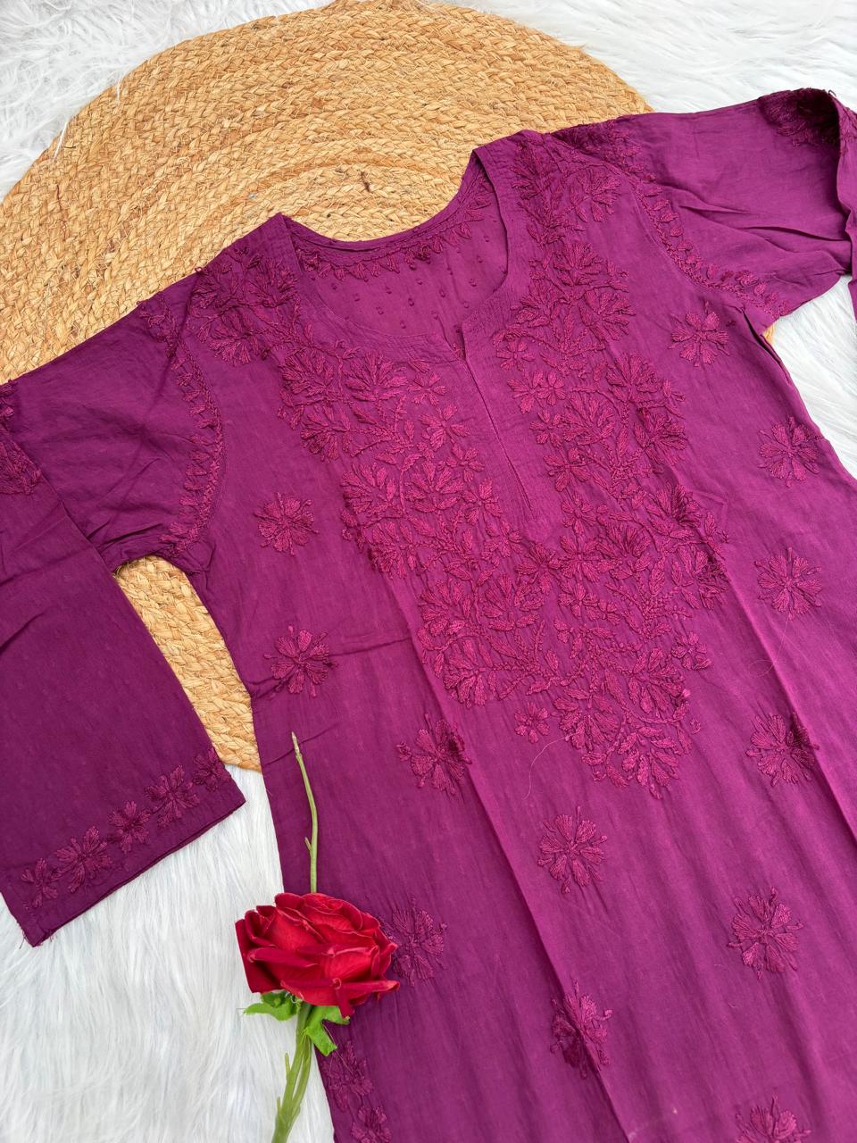 Ziva Soft Dobby Cotton Lucknowi Handwork Chikankari Short Kurti - Wine Colour