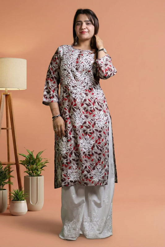 Emaya Pure Mulmul Chikankari Handwork Kurti - Cream Colour
