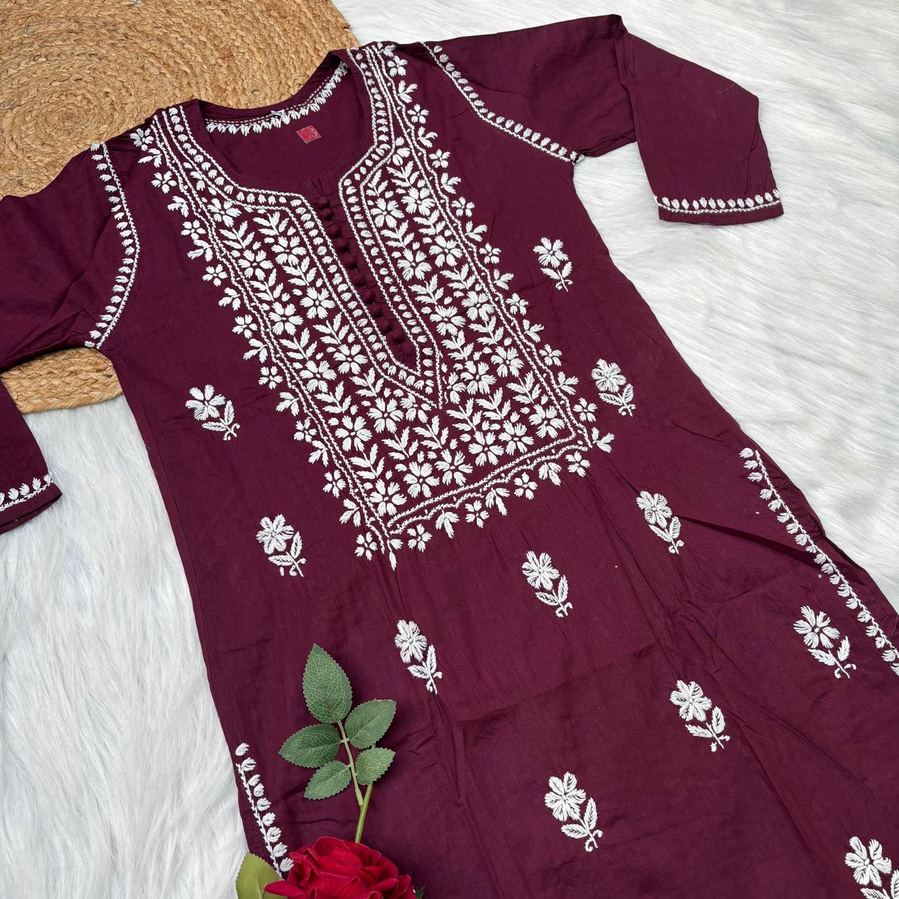 Shanaya Pure Cotton Chikankari Kurti Wine Colour