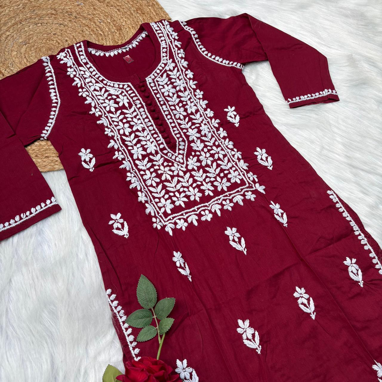 Shanaya Pure Cotton Chikankari Kurti Maroon Colour