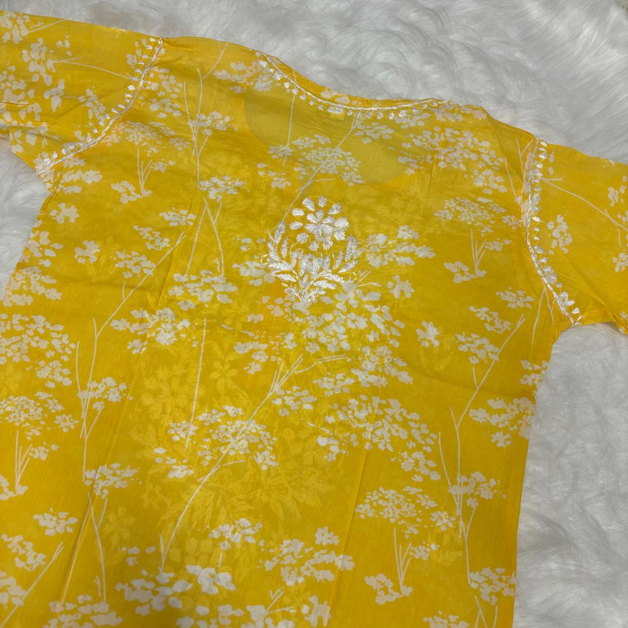 Mahira Sharma Inspired Pure Mulmul Printed Chikankari Handwork Kurti -Yellow Colour - Chikankaar