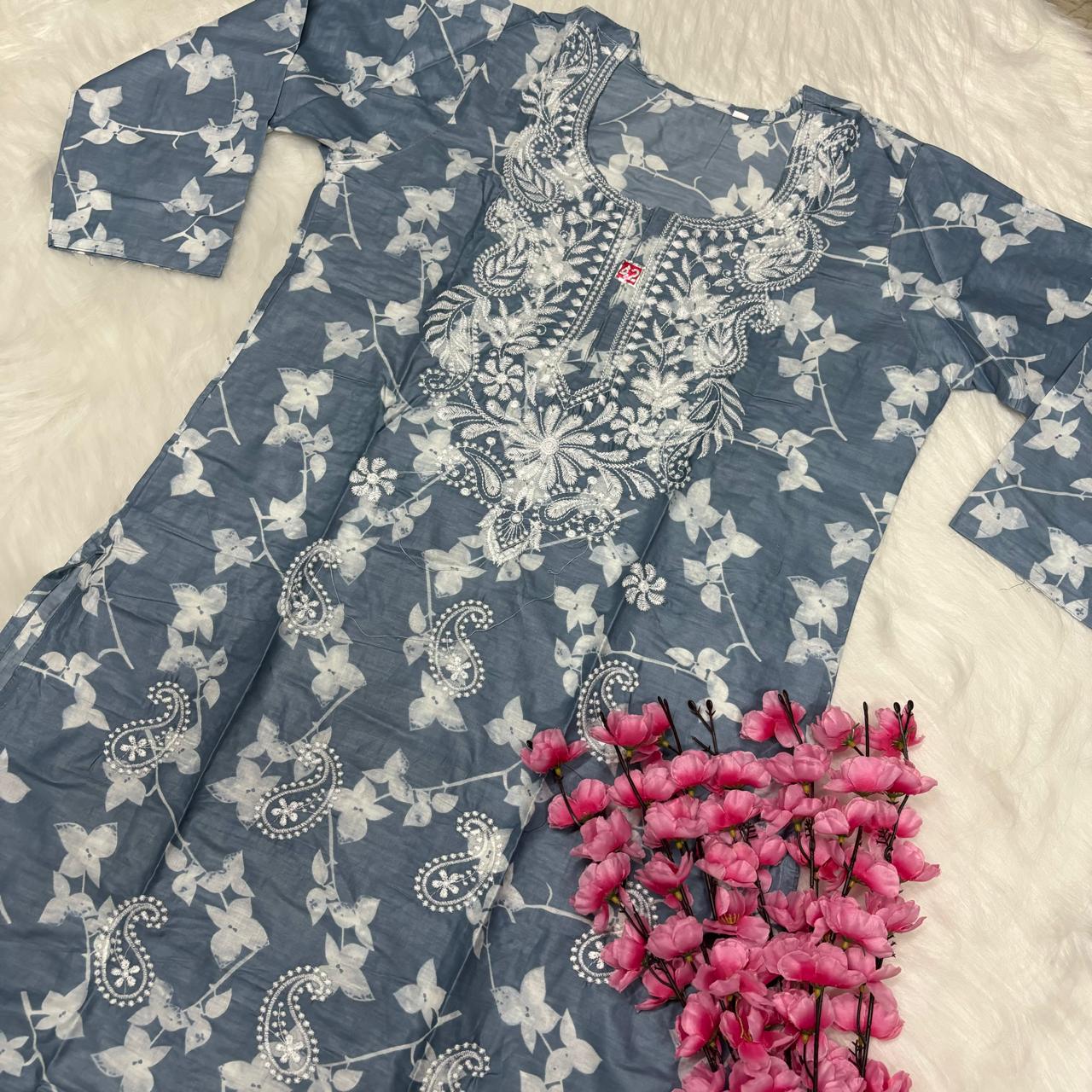 Mulmul Cotton Chikankari Machine Work Kurti -Grey Colour - Chikankaar