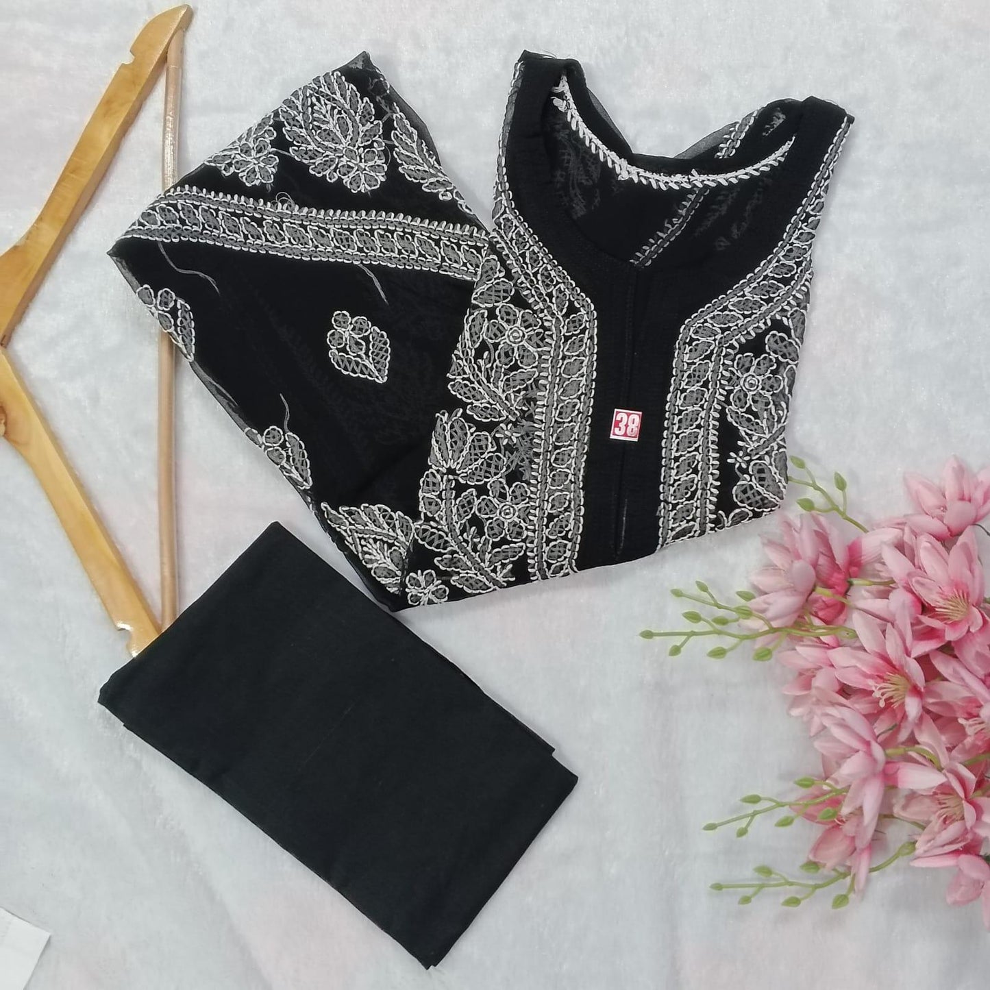 Graceful Georgette Chikankari Cross Panel Kurti With Inner - Black Colour - Chikankaar